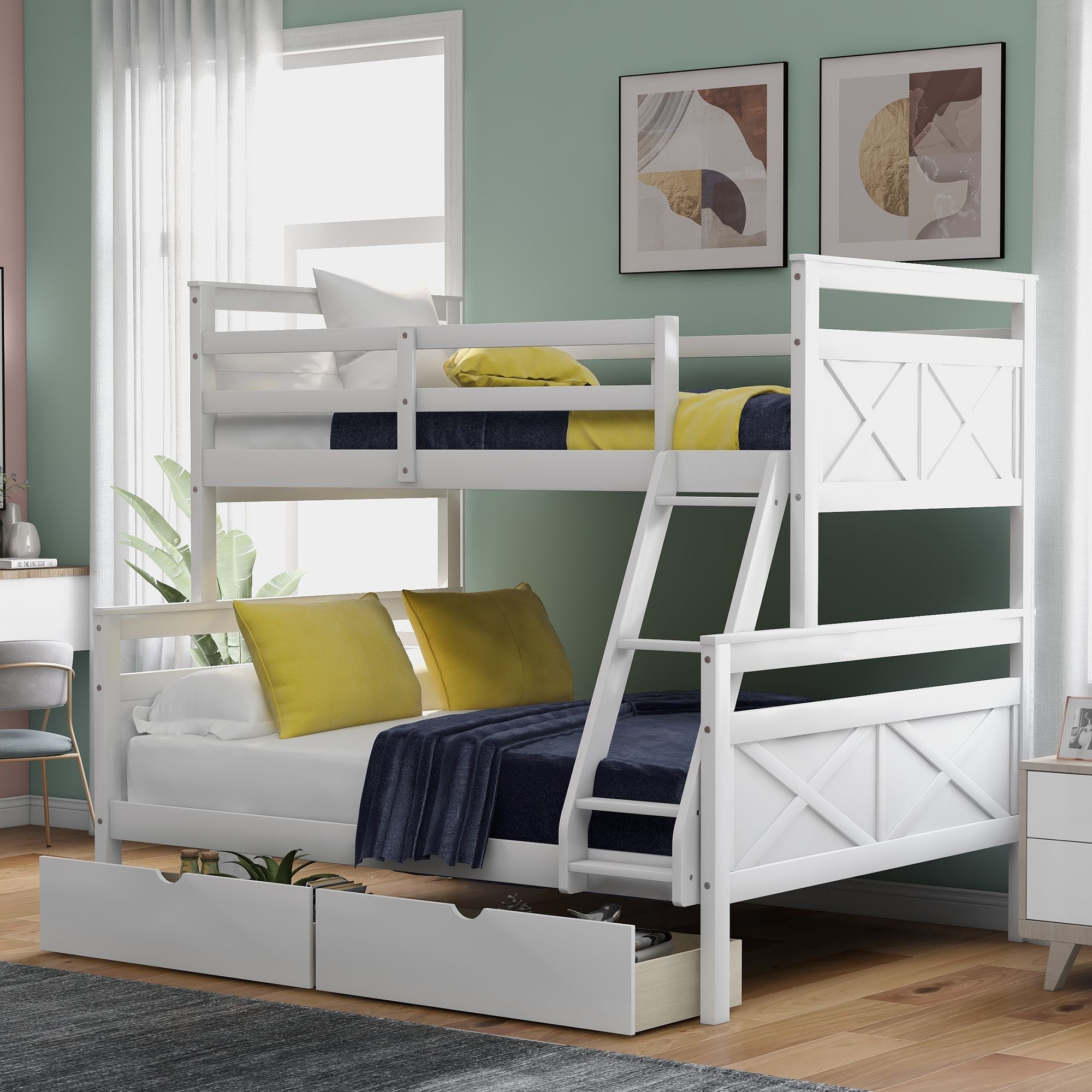 Siblings Shared Room Twin Over Full Wood Bunk Bed with Storage Drawers and Ladder White | Just Better Bunk Beds
