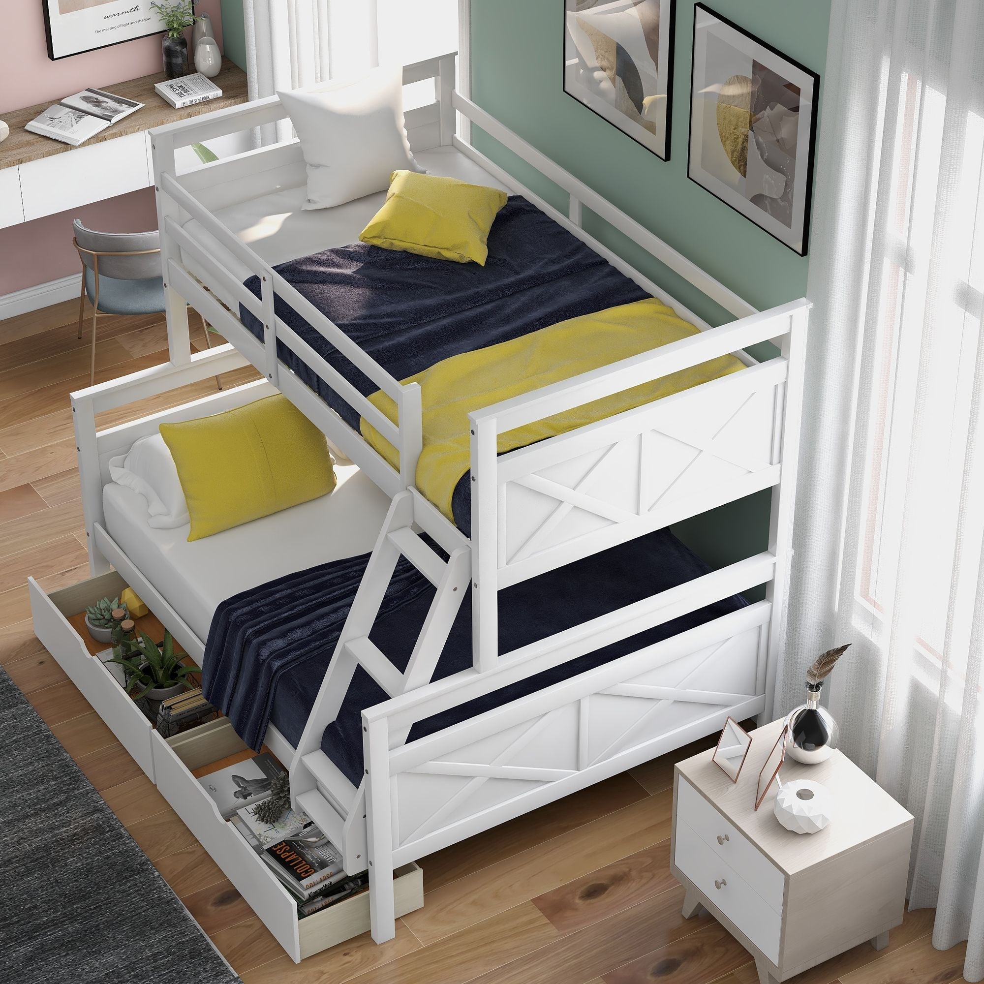 Siblings Shared Room Twin Over Full Wood Bunk Bed with Storage Drawers and Ladder White | Just Better Bunk Beds