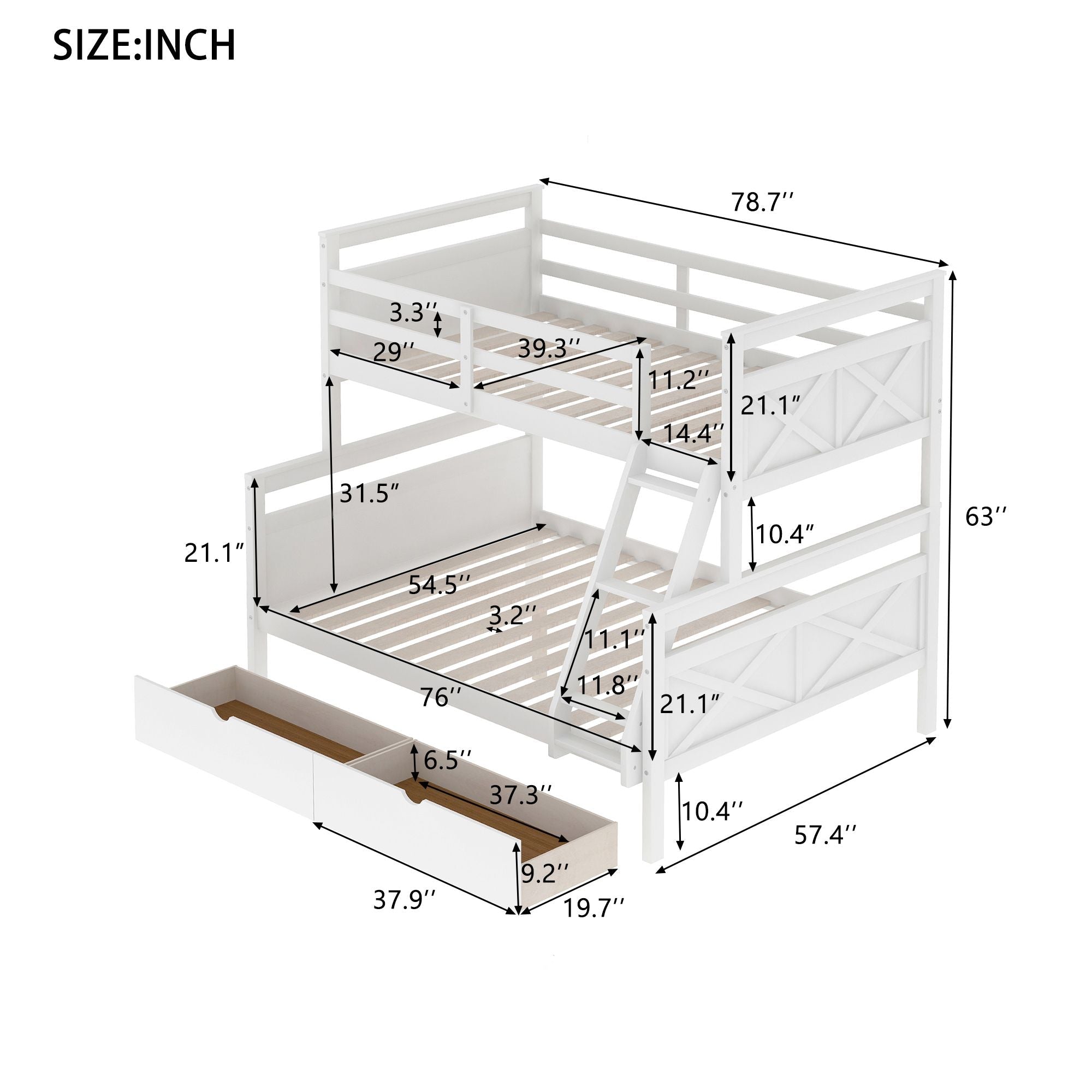 Siblings Shared Room Twin Over Full Wood Bunk Bed with Storage Drawers and Ladder White | Just Better Bunk Beds