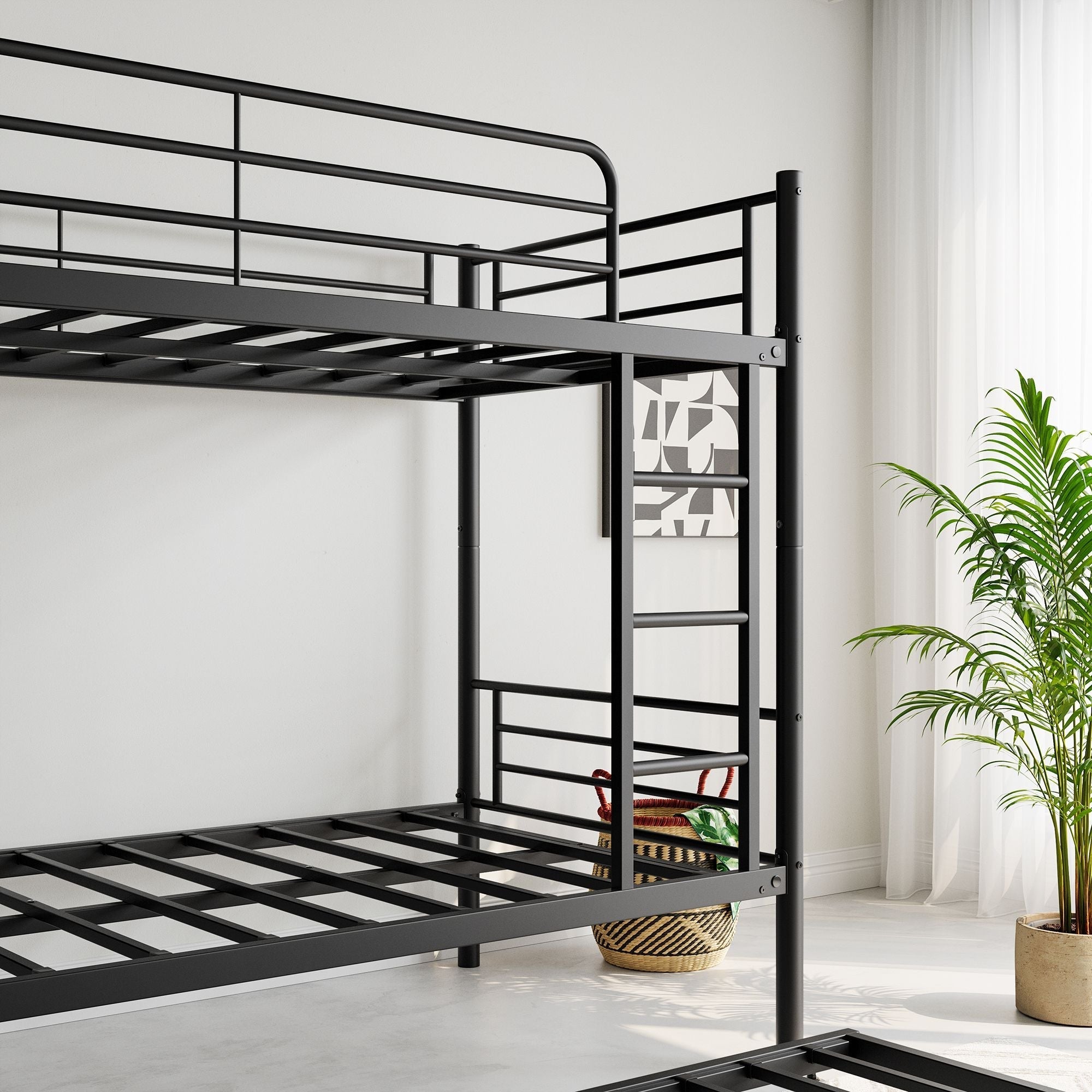 Sleep Three with Twin Over Twin Metal Bunk Bed with Trundle, Black | Just Better Bunk Beds