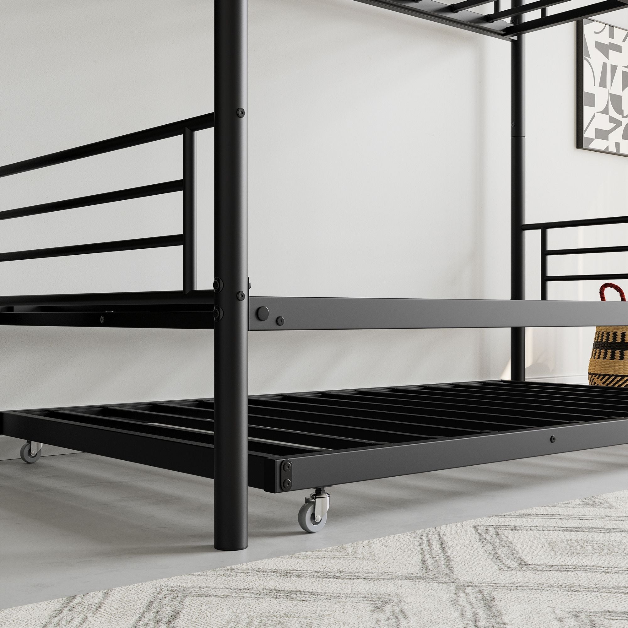 Sleep Three with Twin Over Twin Metal Bunk Bed with Trundle, Black | Just Better Bunk Beds