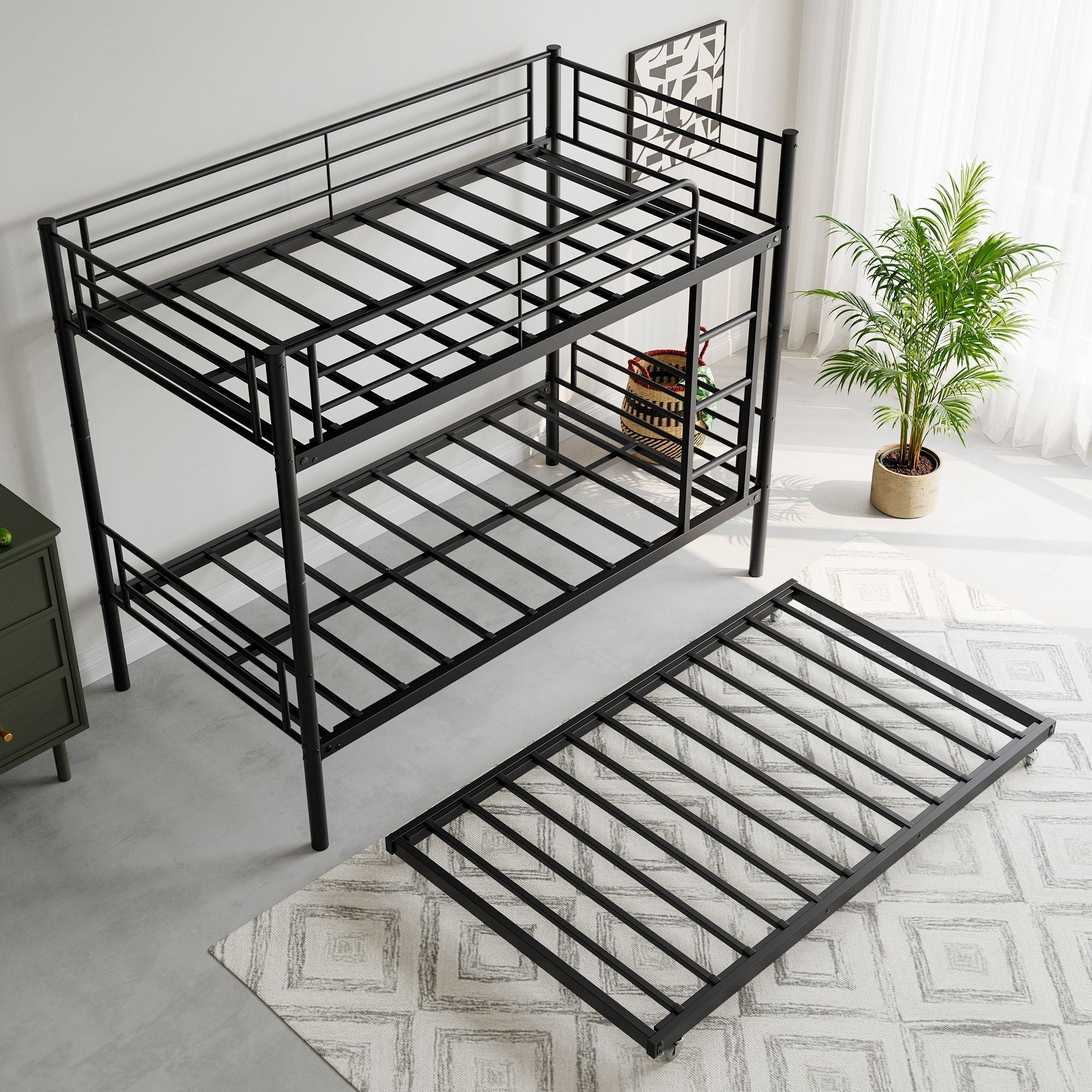 Sleep Three with Twin Over Twin Metal Bunk Bed with Trundle, Black | Just Better Bunk Beds