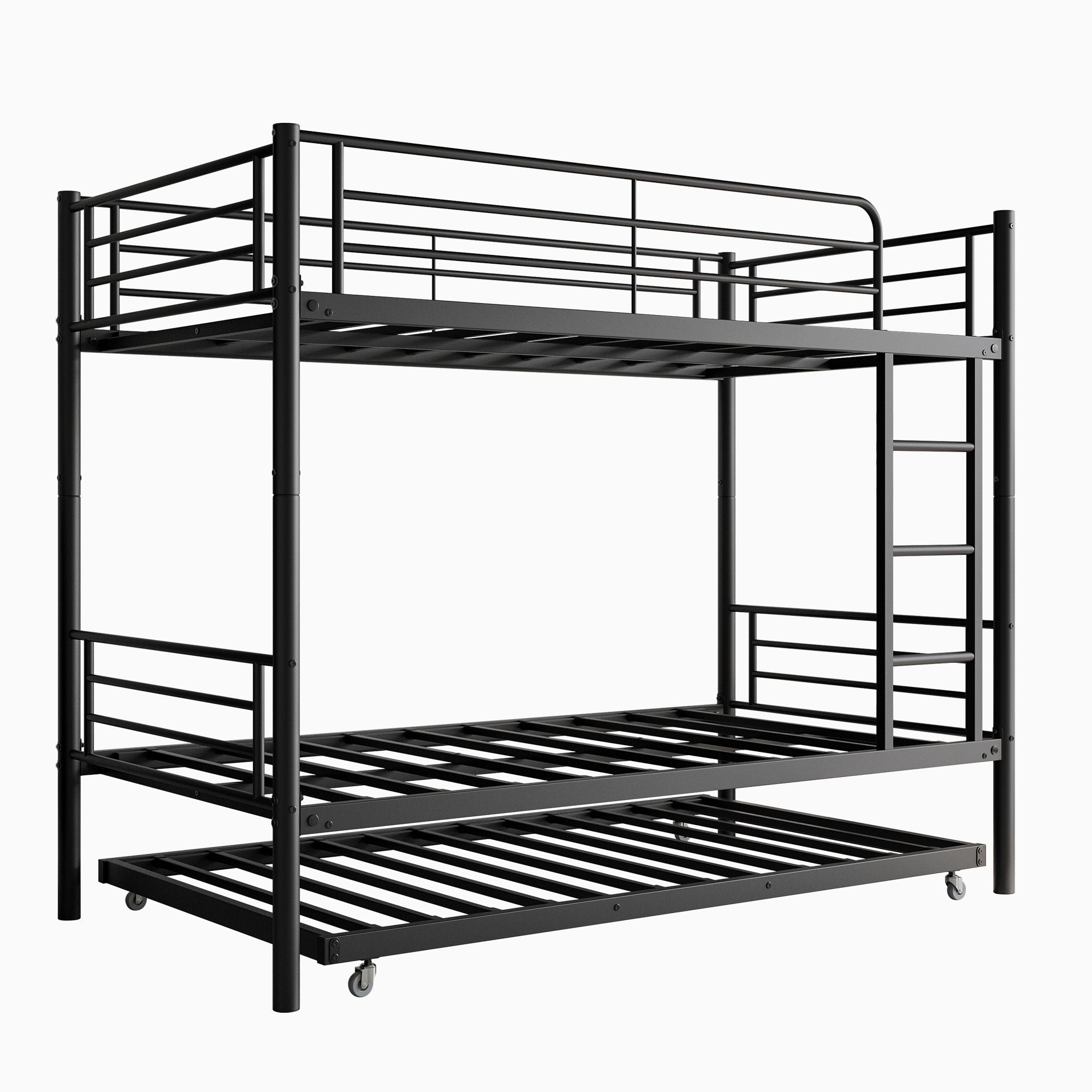 Sleep Three with Twin Over Twin Metal Bunk Bed with Trundle, Black | Just Better Bunk Beds