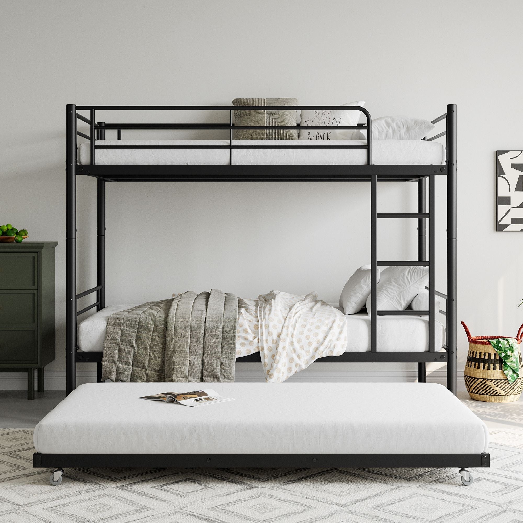Sleep Three with Twin Over Twin Metal Bunk Bed with Trundle, Black | Just Better Bunk Beds