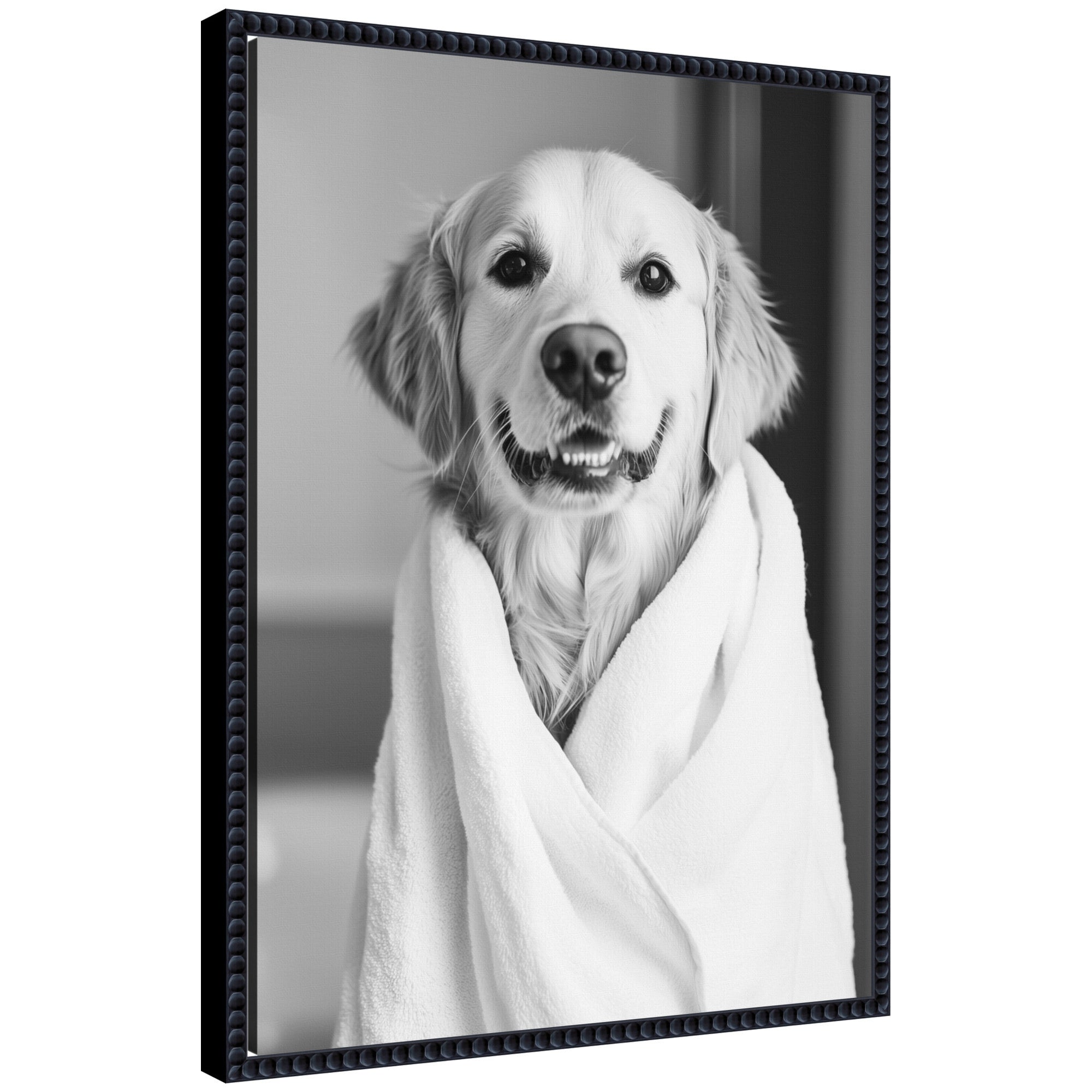 Sylvie Golden Retriever Bathroom Towel Robe Black and White Framed Canvas by The Creative Bunch Studio