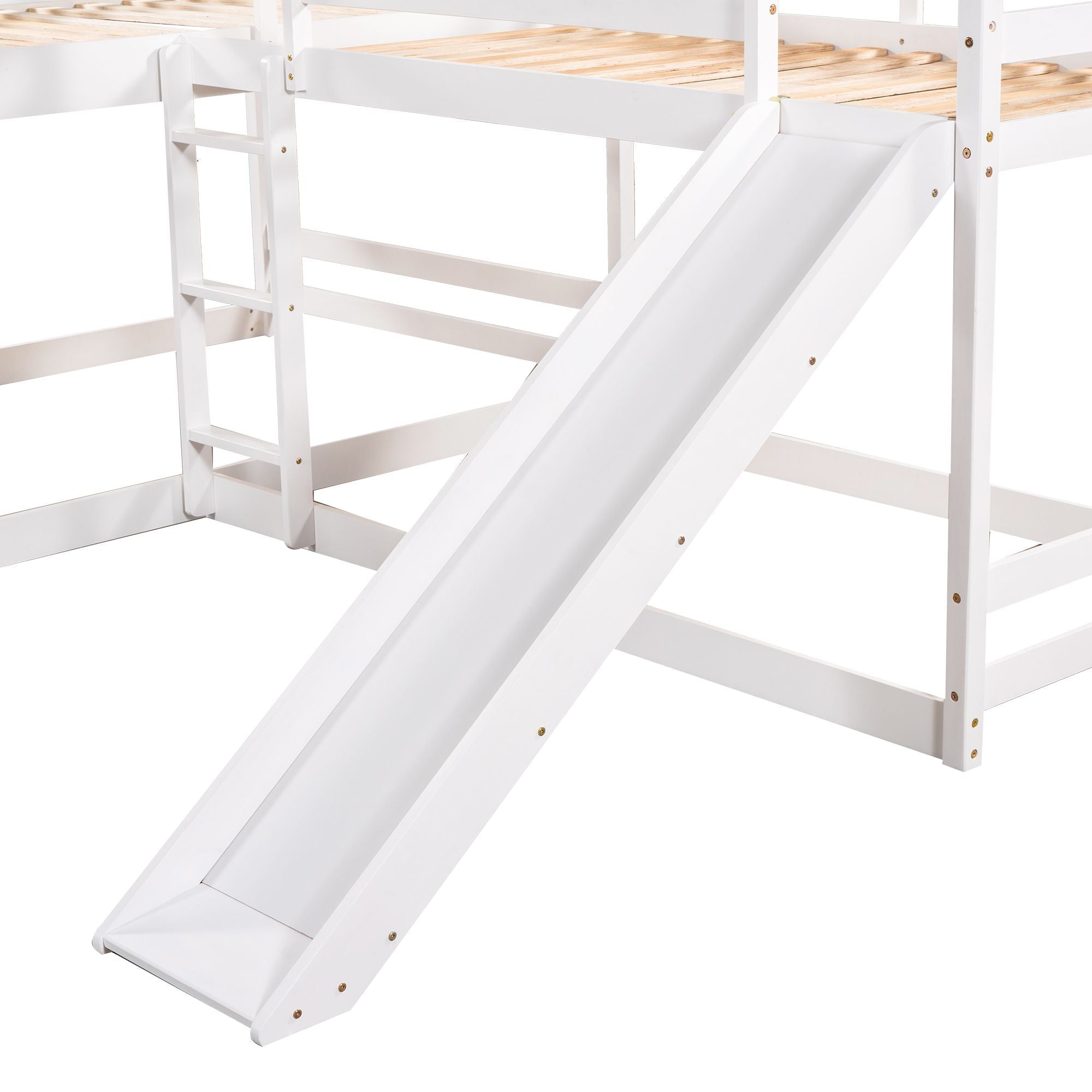 Space-Saving Full and Twin L-Shaped Wood Bunk Bed with Slide and Short Ladder in White | Just Better Bunk Beds