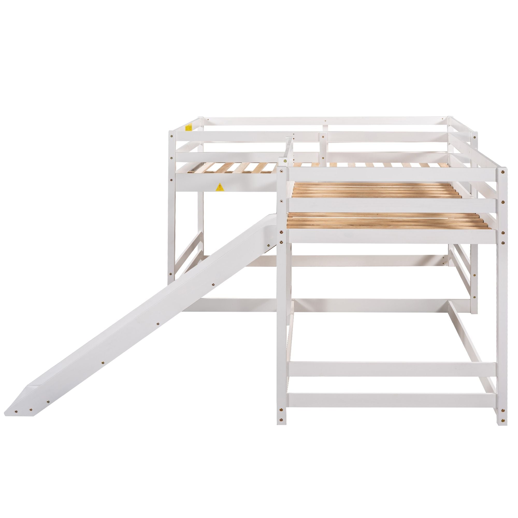 Space-Saving Full and Twin L-Shaped Wood Bunk Bed with Slide and Short Ladder in White | Just Better Bunk Beds