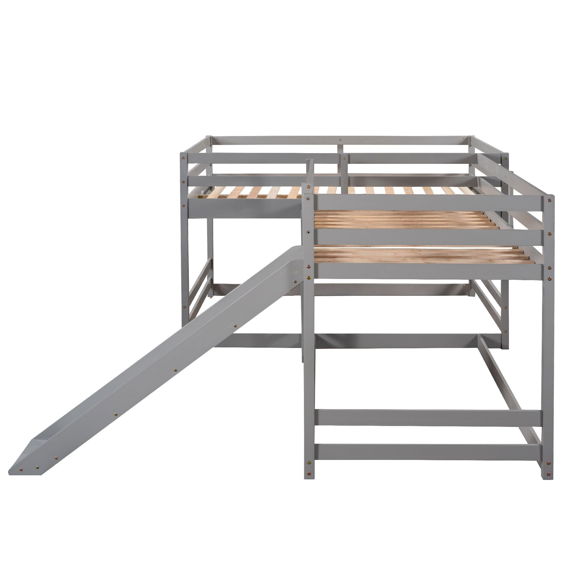 Space-Saving Full and Twin L-Shaped Wood Bunk Bed with Slide and Short Ladder in White | Just Better Bunk Beds