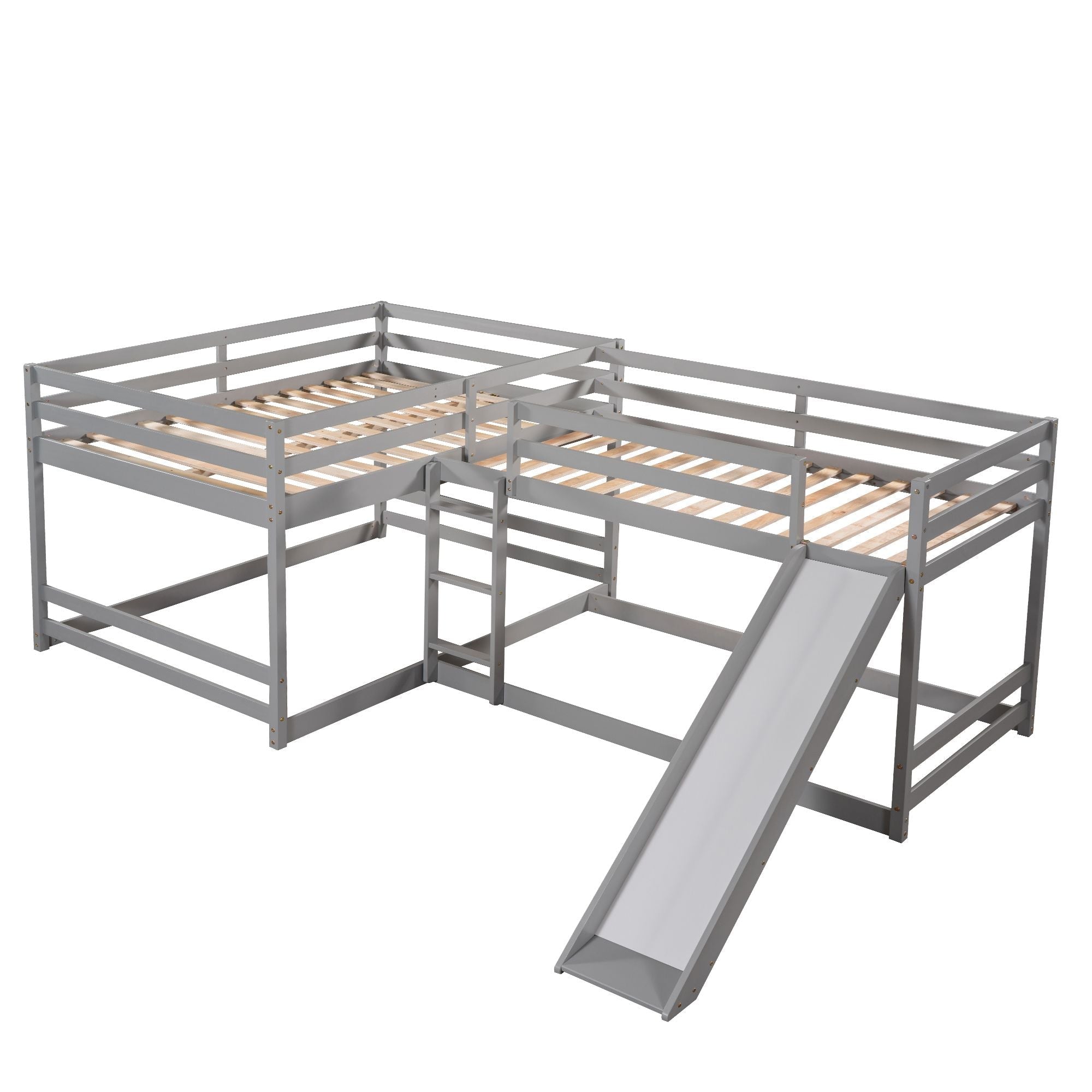 Space-Saving Full and Twin L-Shaped Wood Bunk Bed with Slide and Short Ladder in White | Just Better Bunk Beds