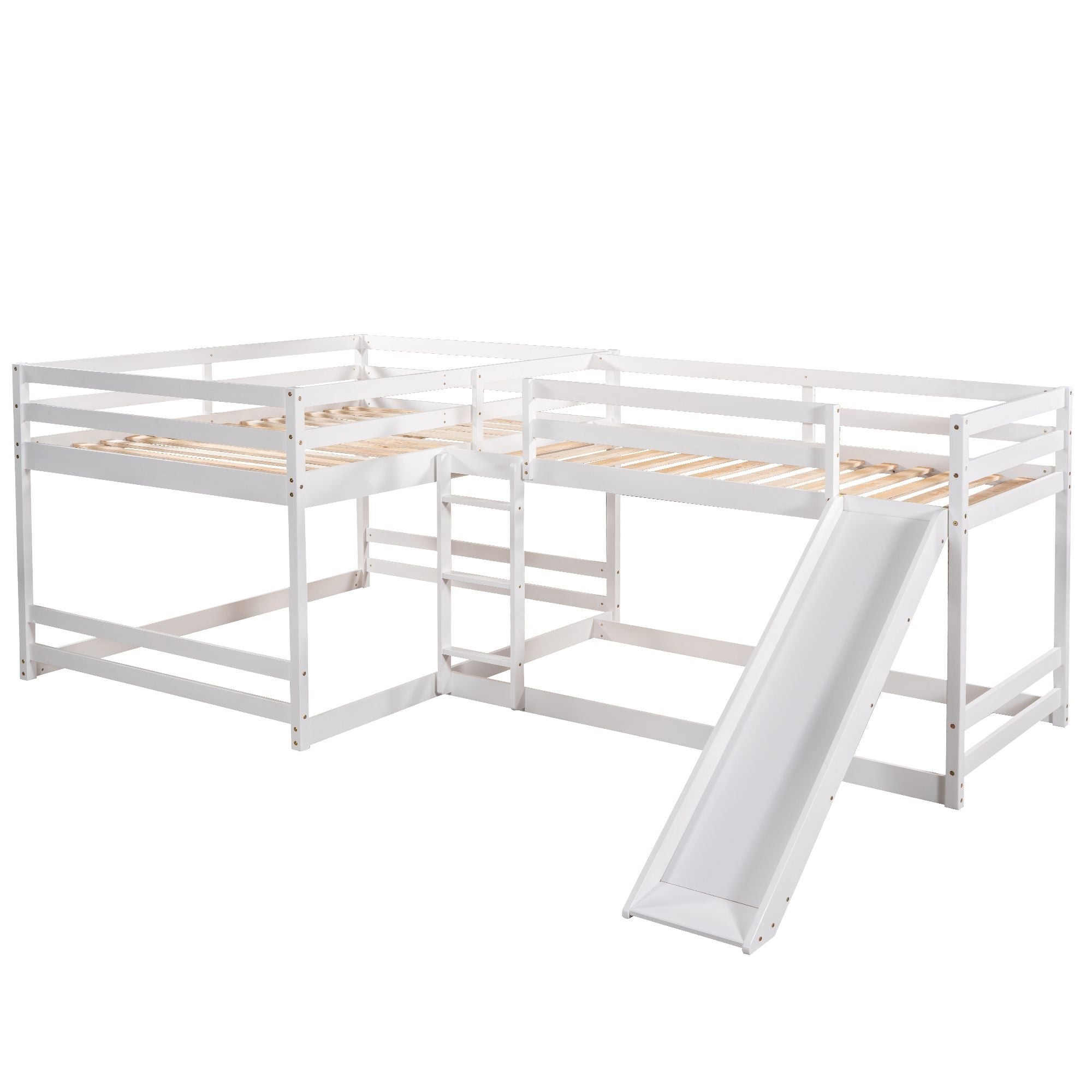 Space-Saving Full and Twin L-Shaped Wood Bunk Bed with Slide and Short Ladder in White | Just Better Bunk Beds