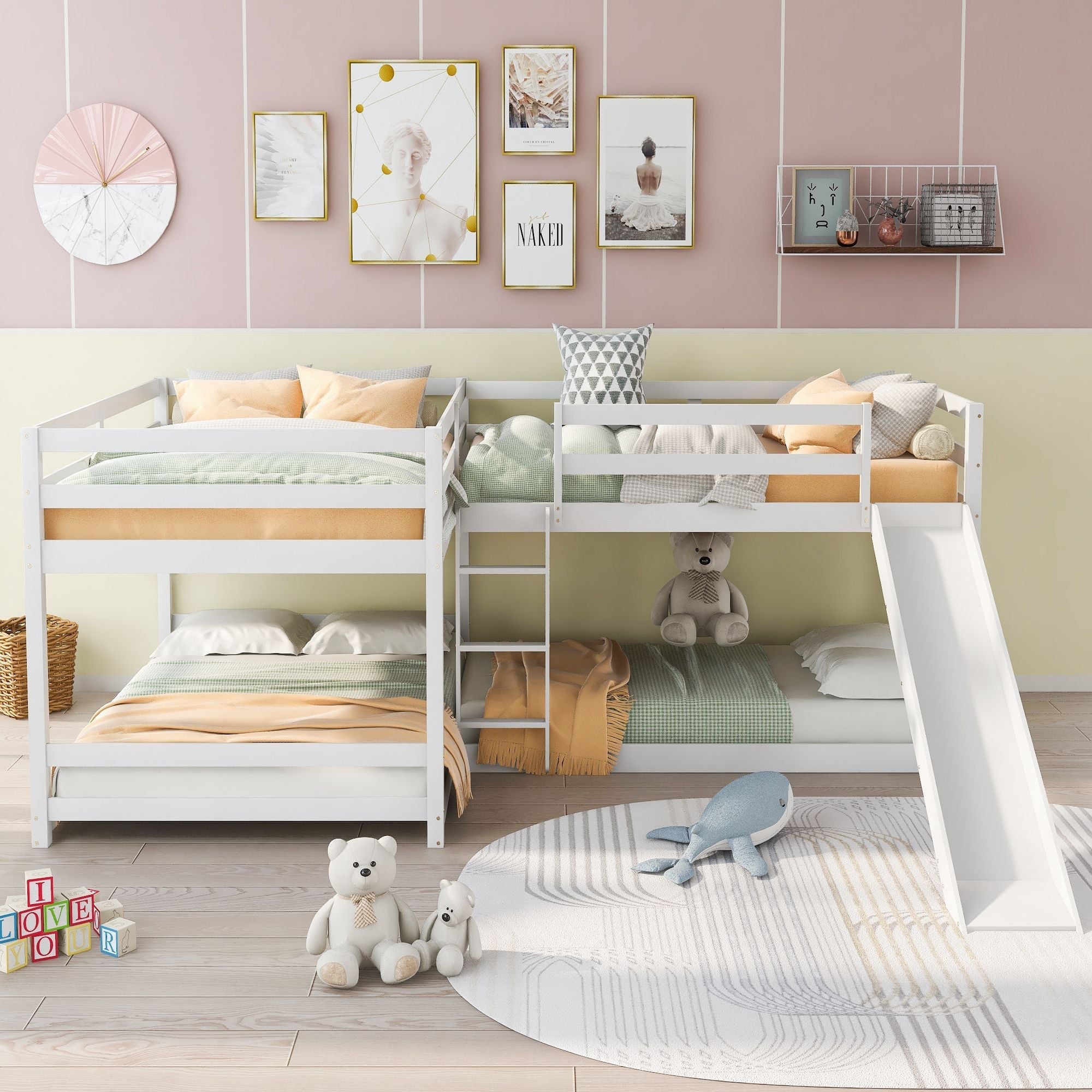 Space-Saving Full and Twin L-Shaped Wood Bunk Bed with Slide and Short Ladder in White | Just Better Bunk Beds