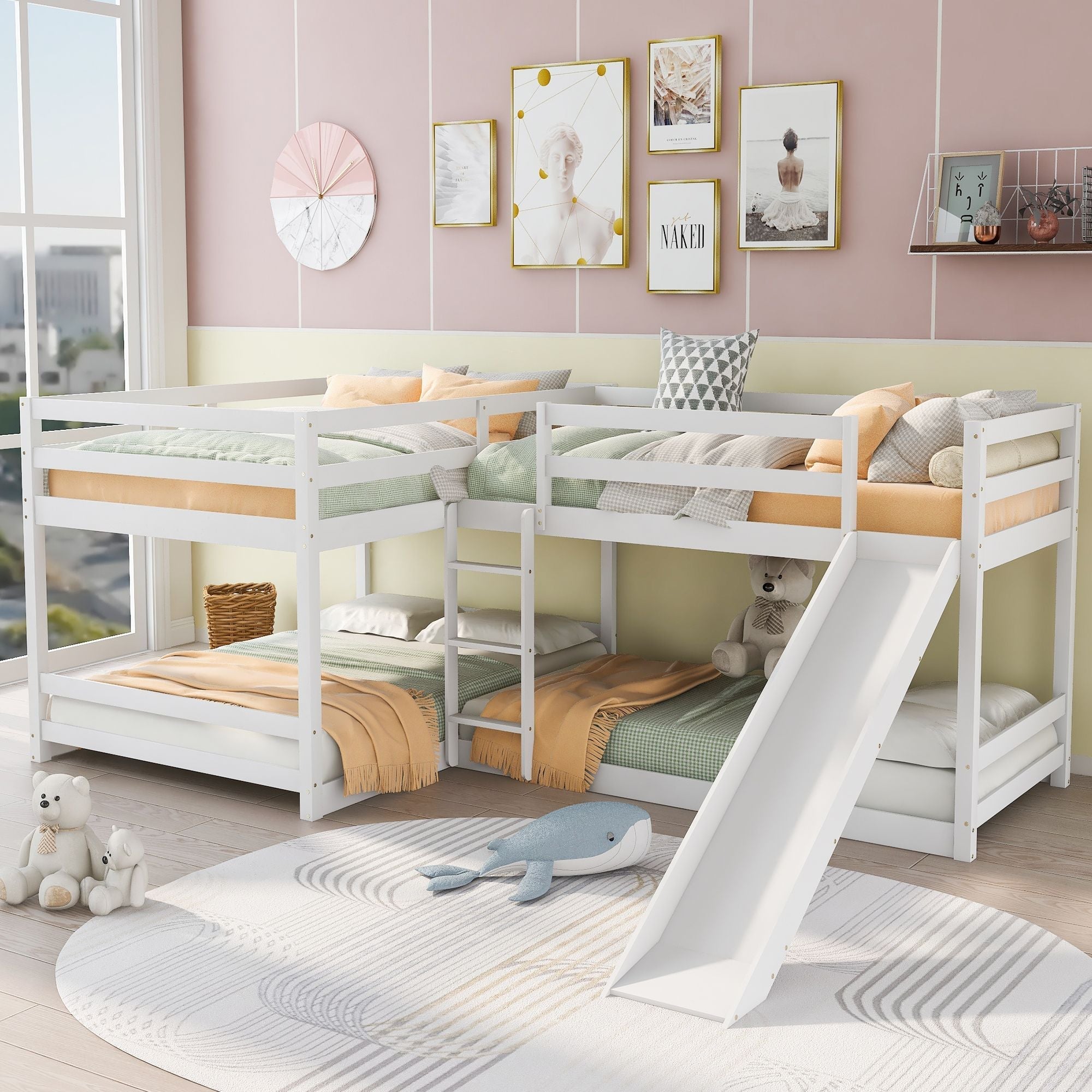 Space-Saving Full and Twin L-Shaped Wood Bunk Bed with Slide and Short Ladder in White | Just Better Bunk Beds