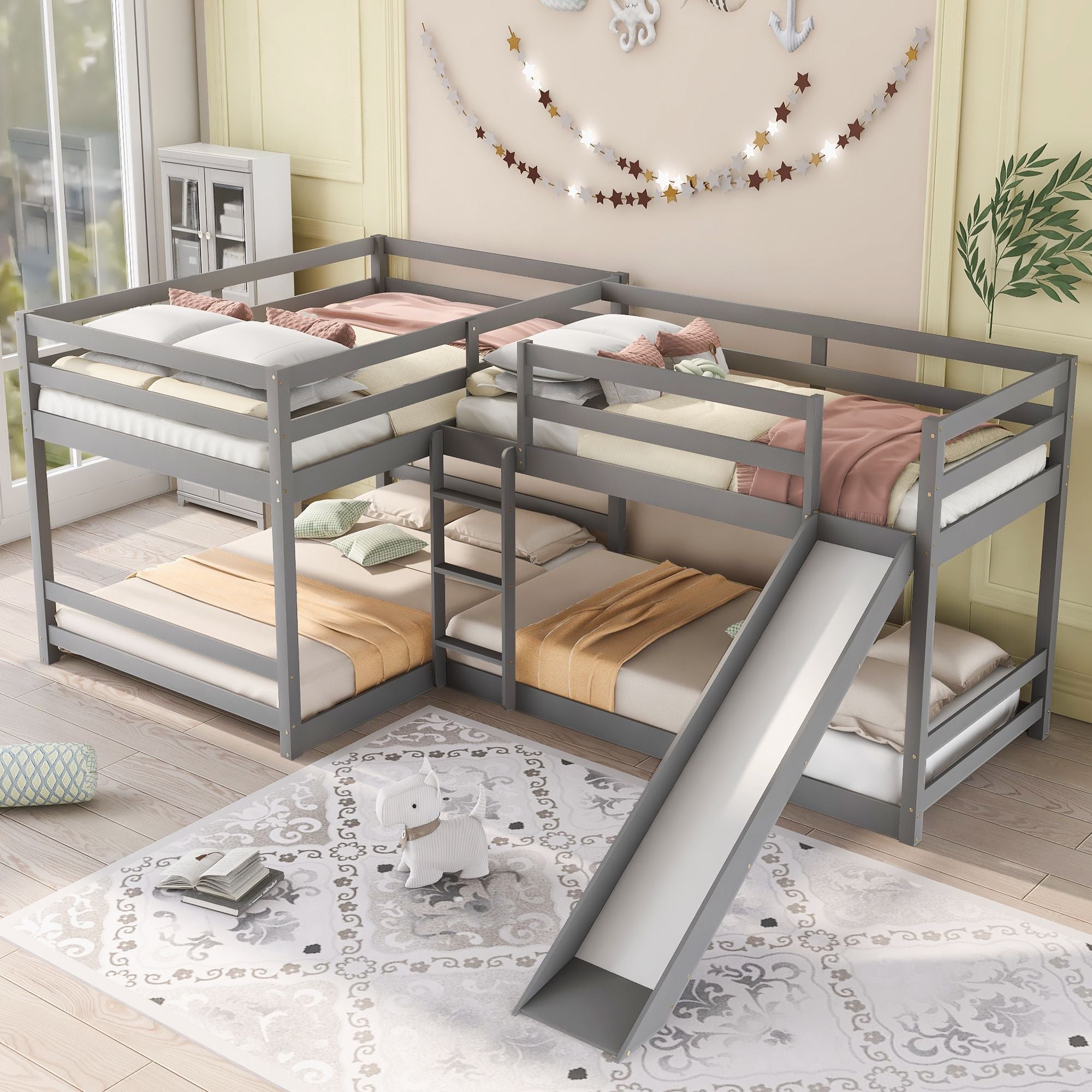 Space-Saving Full and Twin L-Shaped Wood Bunk Bed with Slide and Short Ladder in White | Just Better Bunk Beds