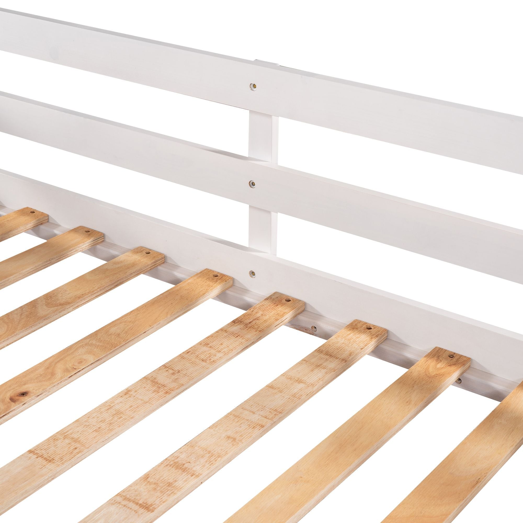 Space-Saving Full and Twin L-Shaped Wood Bunk Bed with Slide and Short Ladder in White | Just Better Bunk Beds