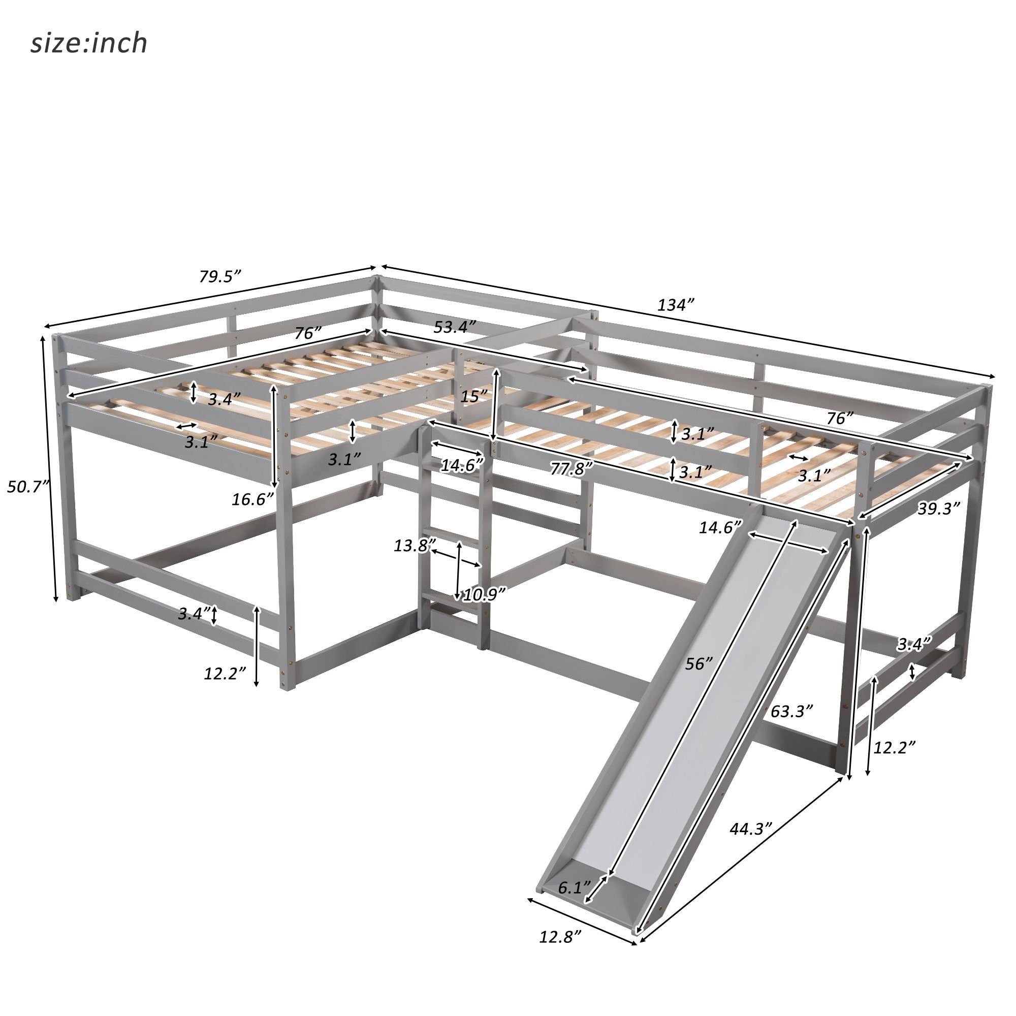 Space-Saving Full and Twin L-Shaped Wood Bunk Bed with Slide and Short Ladder in White | Just Better Bunk Beds