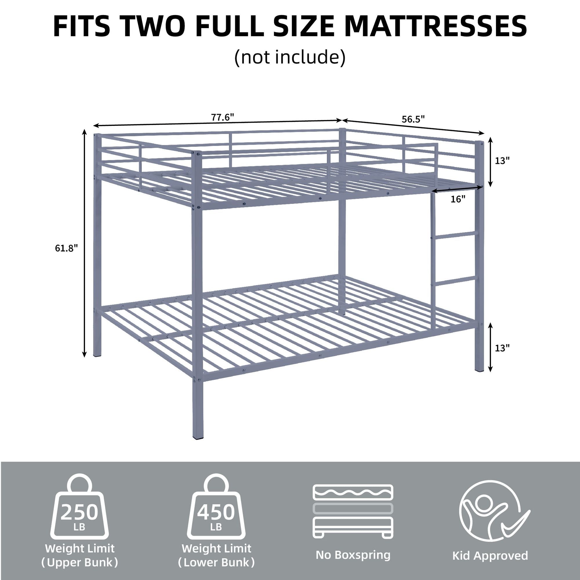 Space-Saving Full Over Full Metal Bunk Bed with Built-In Ladder and Safety Rails, Gray | Just Better Bunk Beds