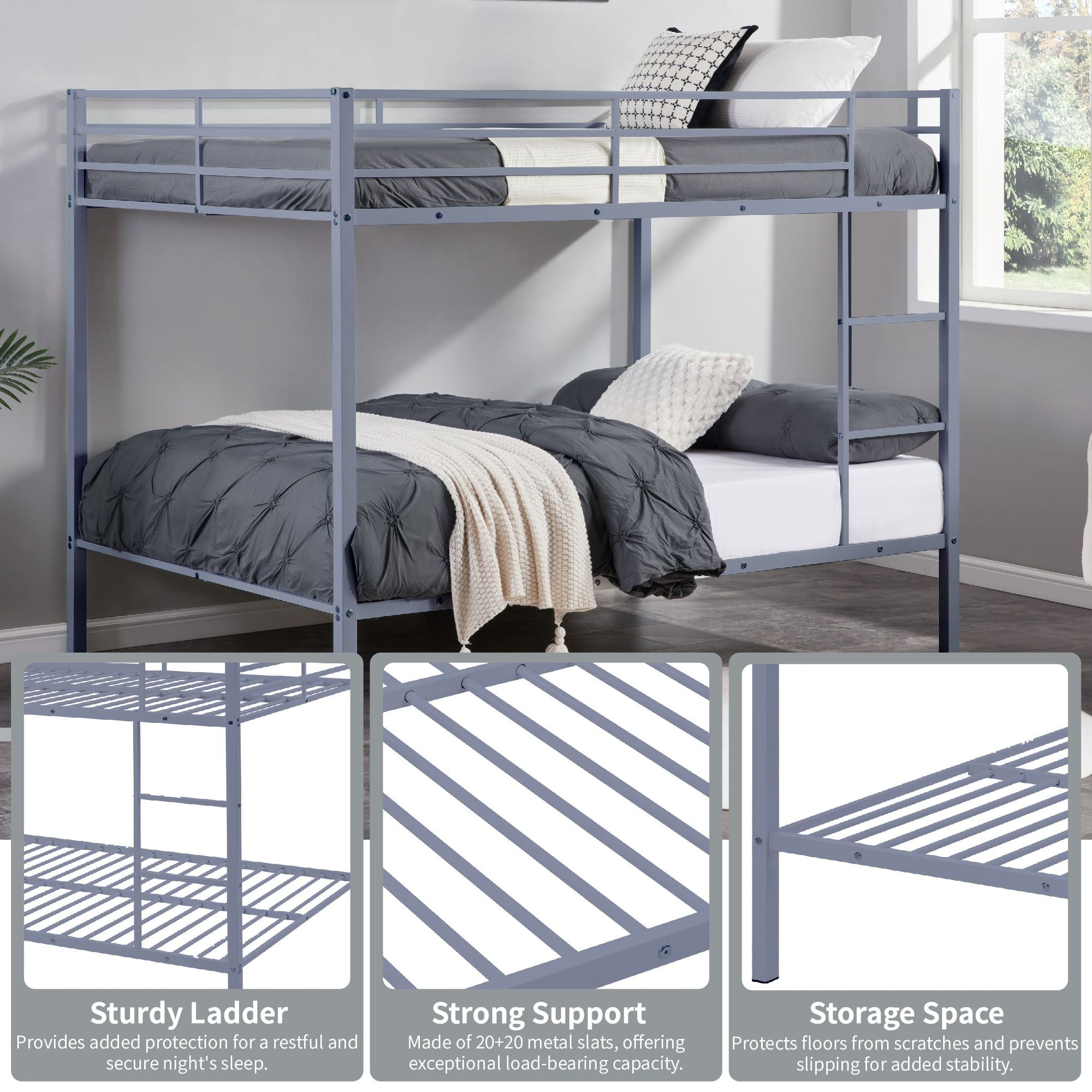 Space-Saving Full Over Full Metal Bunk Bed with Built-In Ladder and Safety Rails, Gray | Just Better Bunk Beds