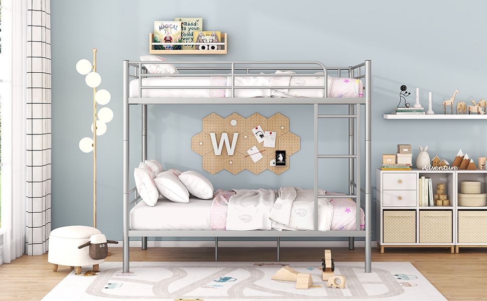 Space-Saving Full Over Full Metal Bunk Bed with Safety Guardrails, Ladder, Silver Finish | Just Better Bunk Beds