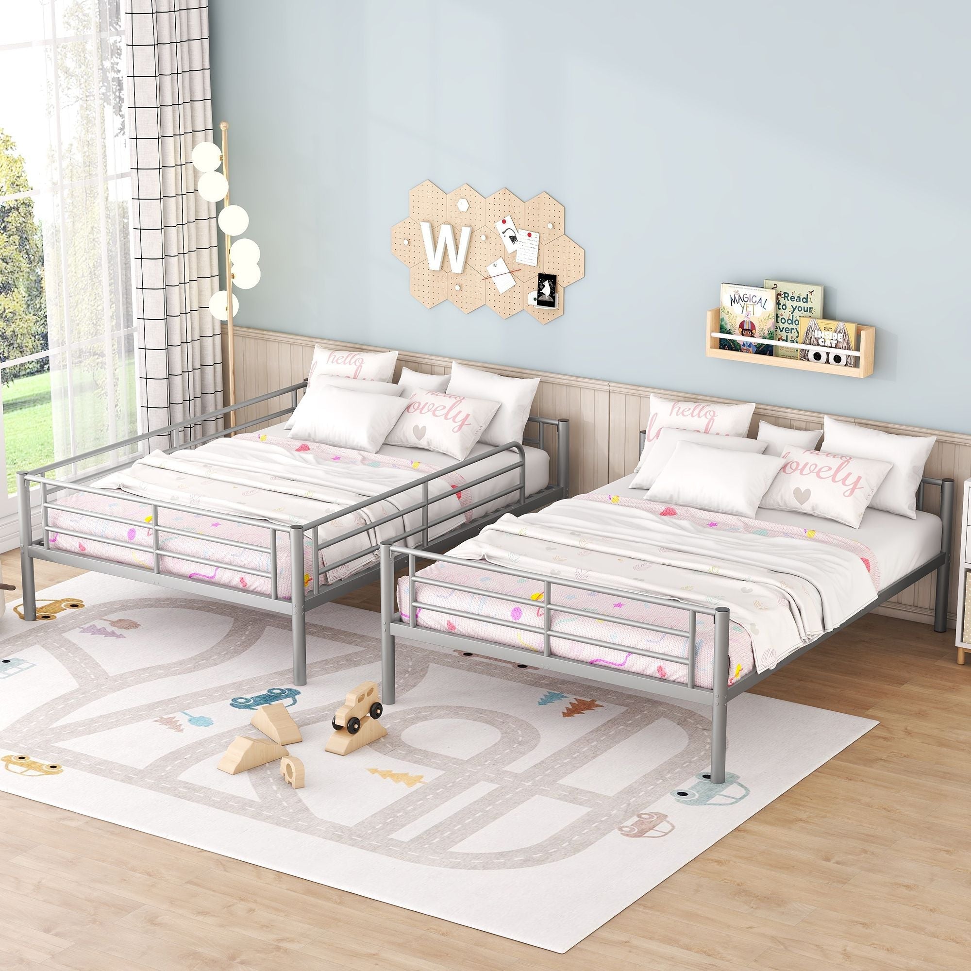 Space-Saving Full Over Full Metal Bunk Bed with Safety Guardrails, Ladder, Silver Finish | Just Better Bunk Beds