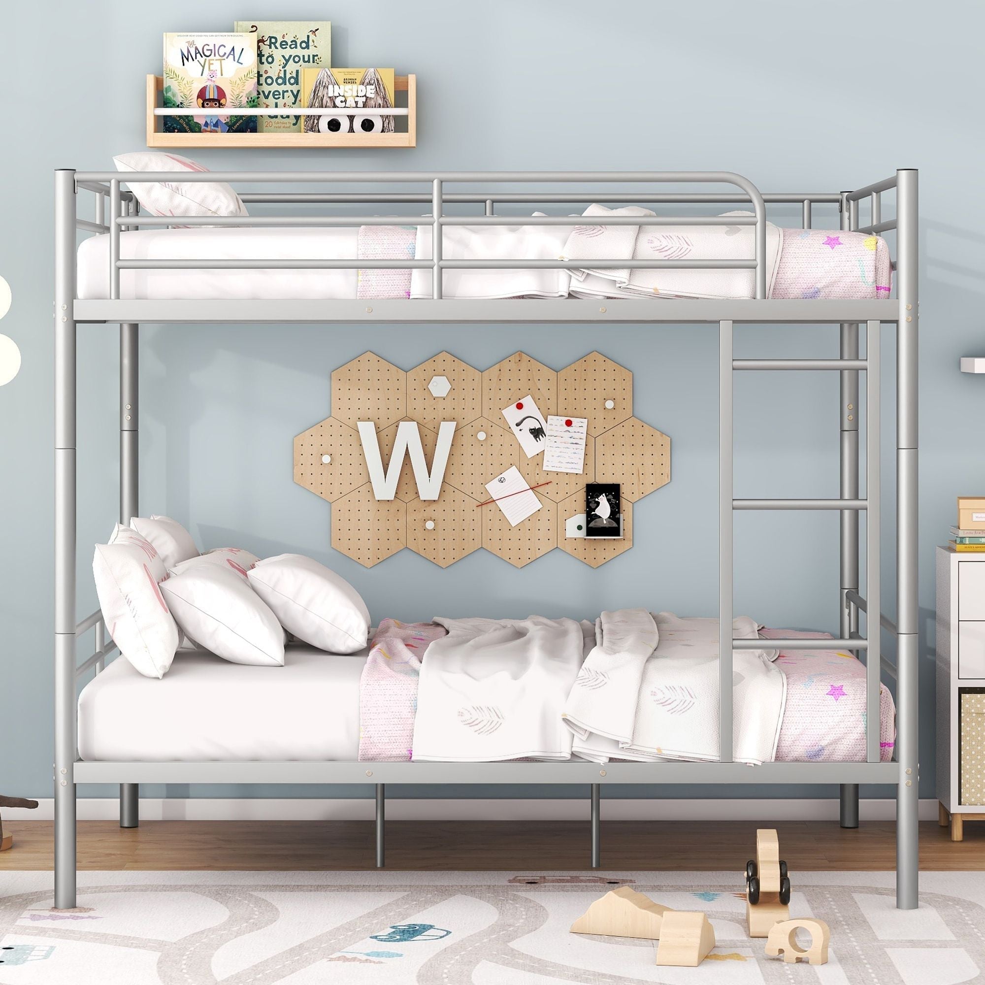 Space-Saving Full Over Full Metal Bunk Bed with Safety Guardrails, Ladder, Silver Finish | Just Better Bunk Beds
