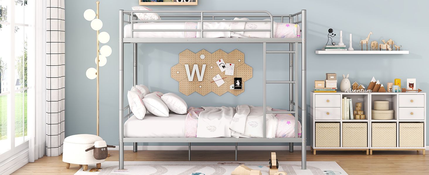 Space-Saving Full Over Full Metal Bunk Bed with Safety Guardrails, Ladder, Silver Finish | Just Better Bunk Beds