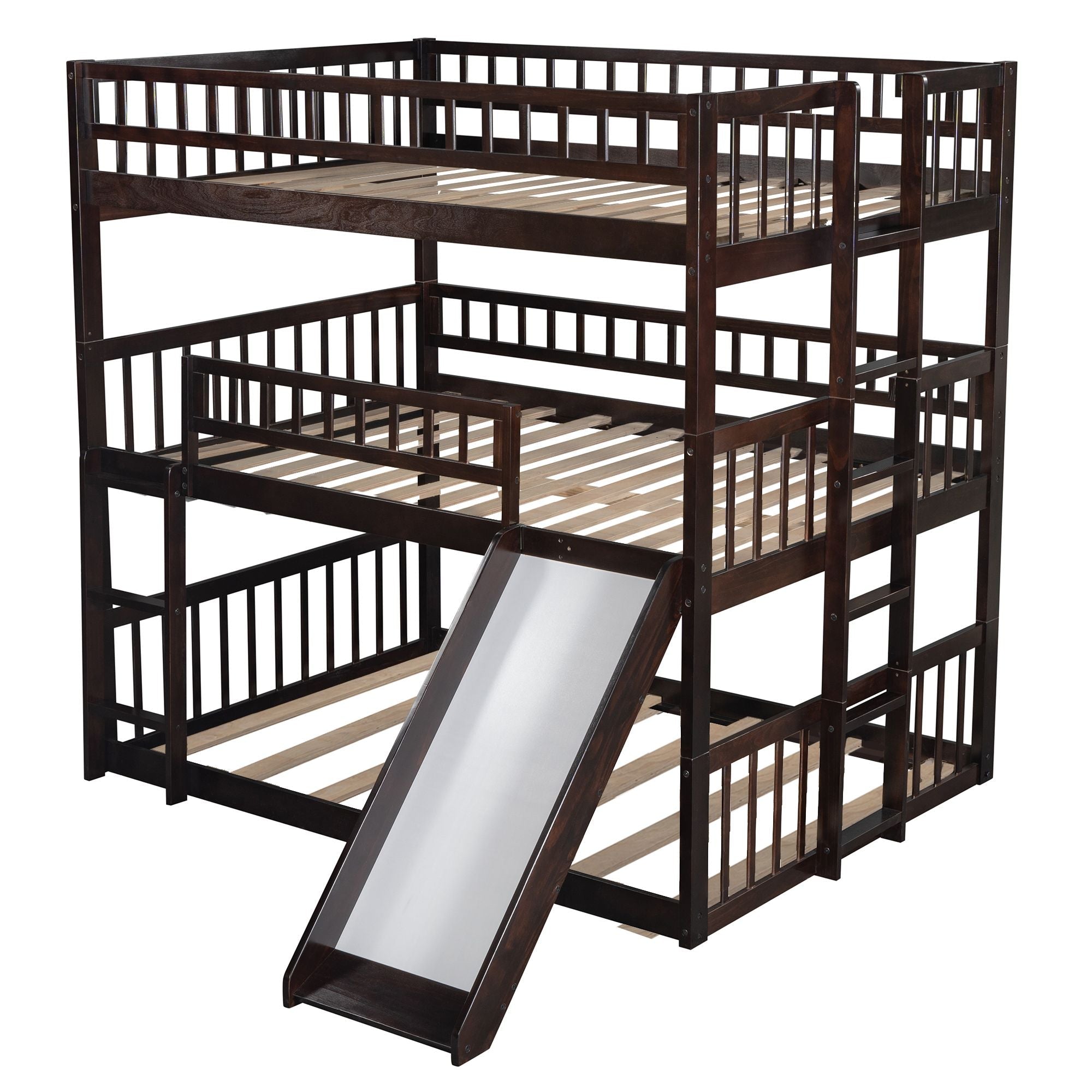 Space-Saving Full Over Full Over Full Wood Triple Bunk Bed with Ladder and Slide, Espresso | Just Better Bunk Beds