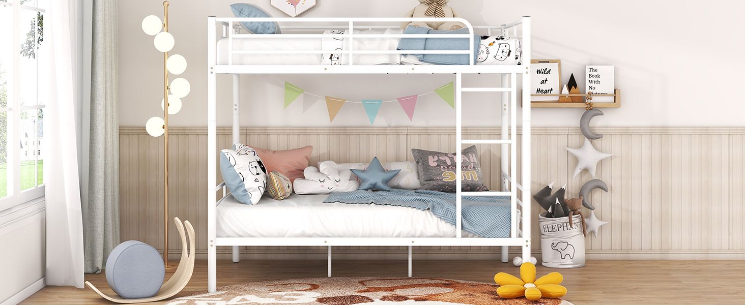 Space-Saving Full Over Full White Metal Bunk Bed with Integrated Ladder | Just Better Bunk Beds