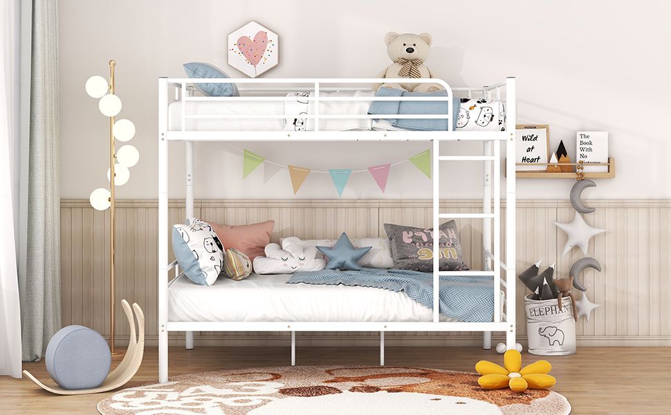 Space-Saving Full Over Full White Metal Bunk Bed with Integrated Ladder | Just Better Bunk Beds
