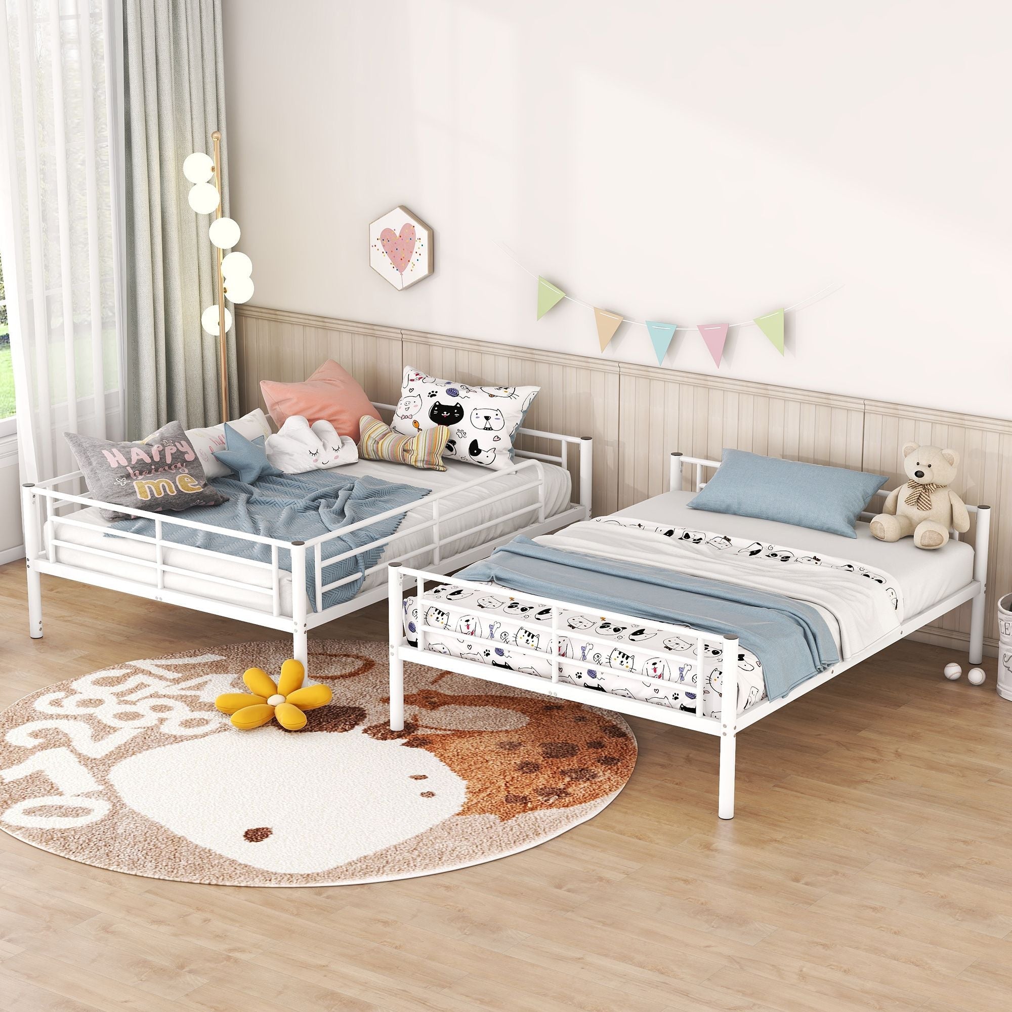 Space-Saving Full Over Full White Metal Bunk Bed with Integrated Ladder | Just Better Bunk Beds