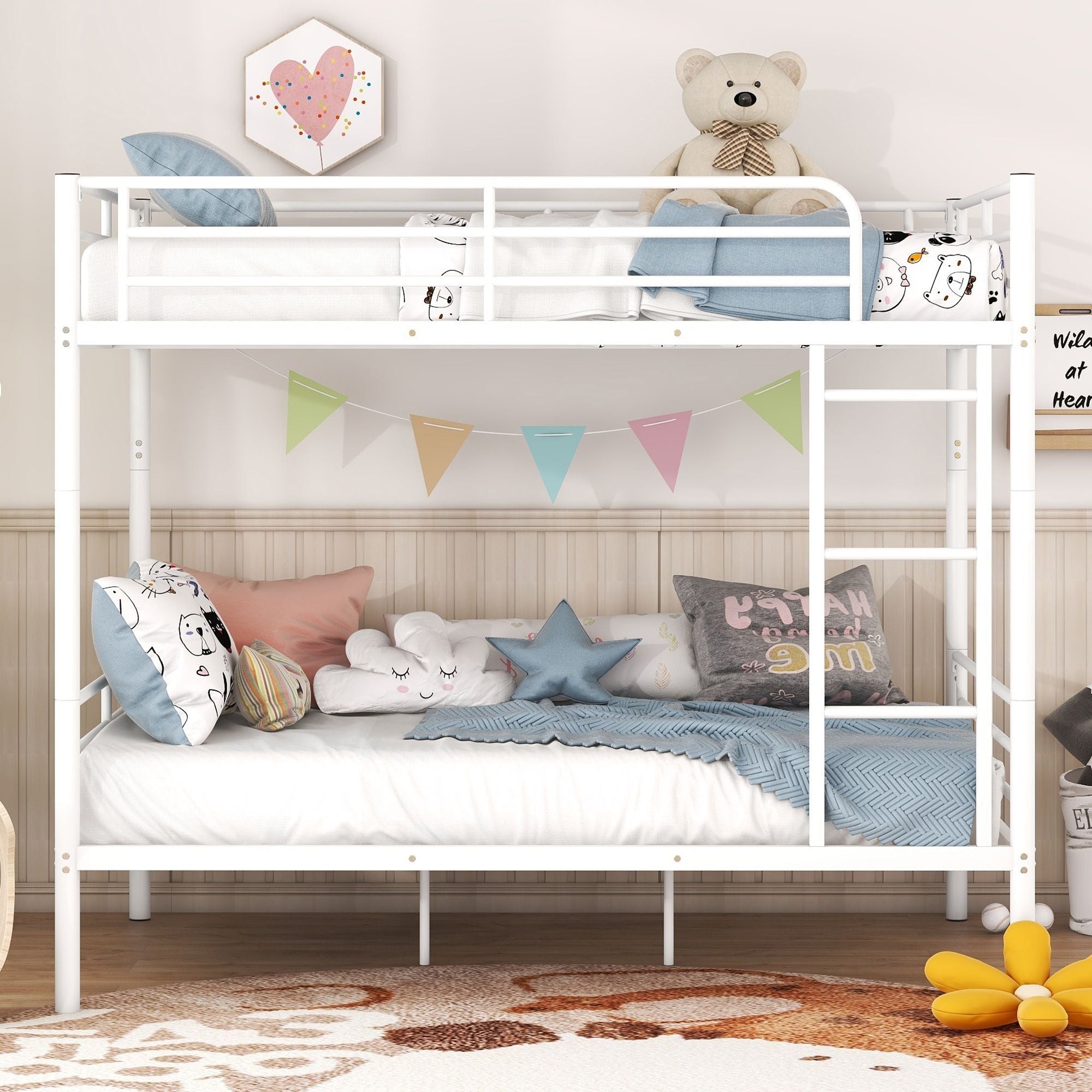 Space-Saving Full Over Full White Metal Bunk Bed with Integrated Ladder | Just Better Bunk Beds
