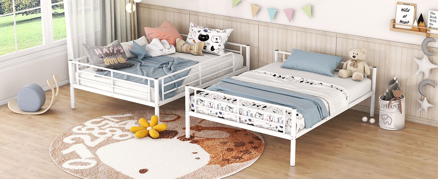 Space-Saving Full Over Full White Metal Bunk Bed with Integrated Ladder | Just Better Bunk Beds
