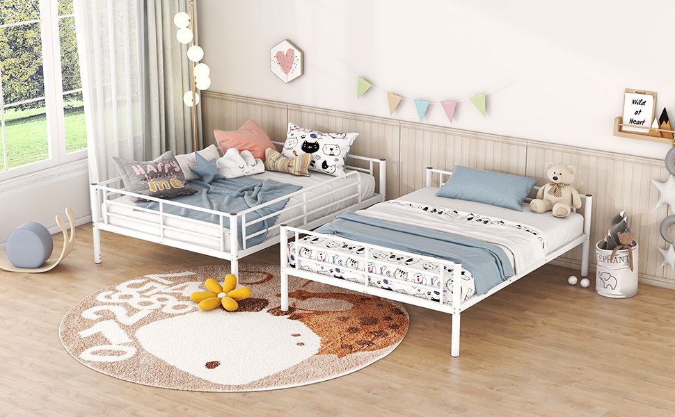 Space-Saving Full Over Full White Metal Bunk Bed with Integrated Ladder | Just Better Bunk Beds