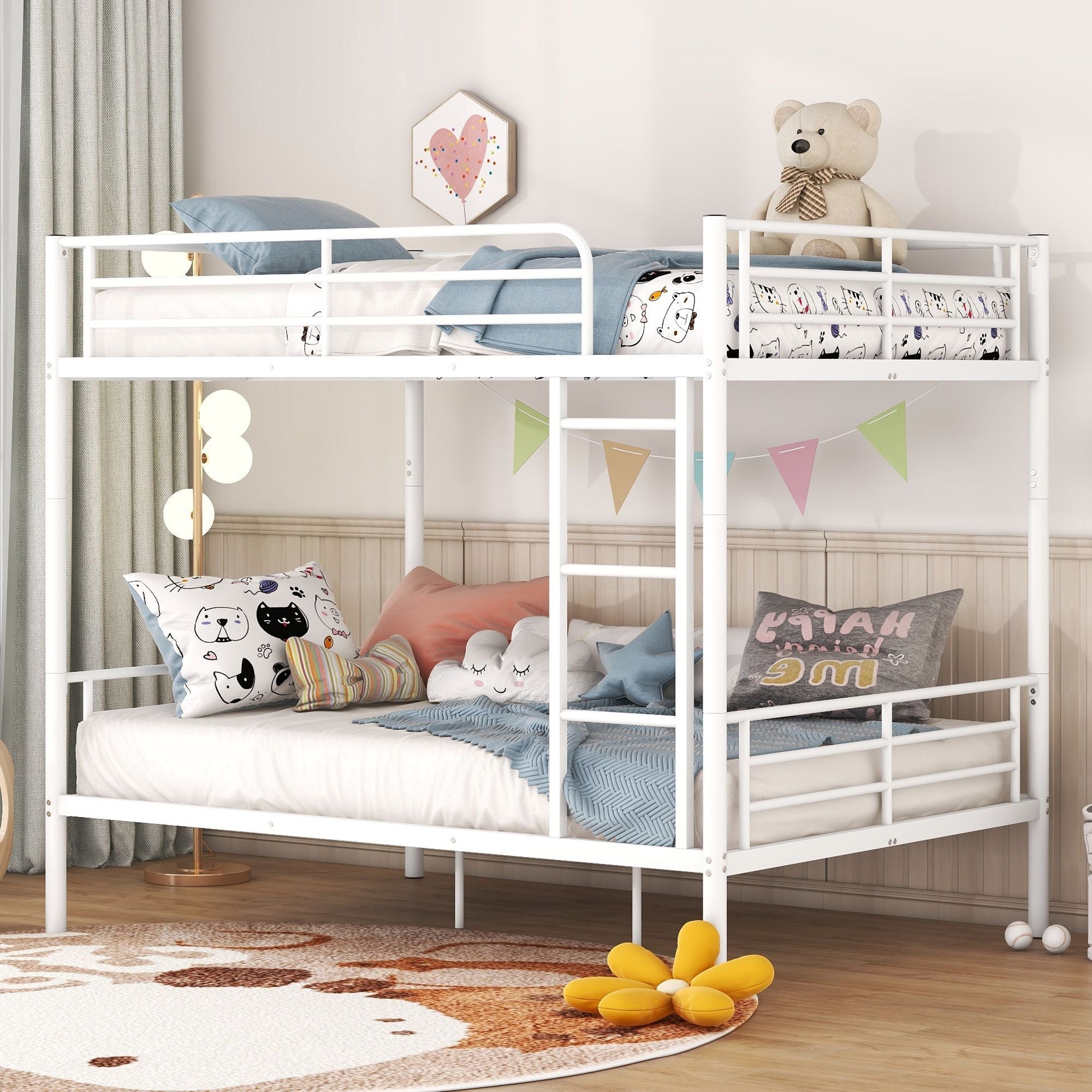 Space-Saving Full Over Full White Metal Bunk Bed with Integrated Ladder | Just Better Bunk Beds