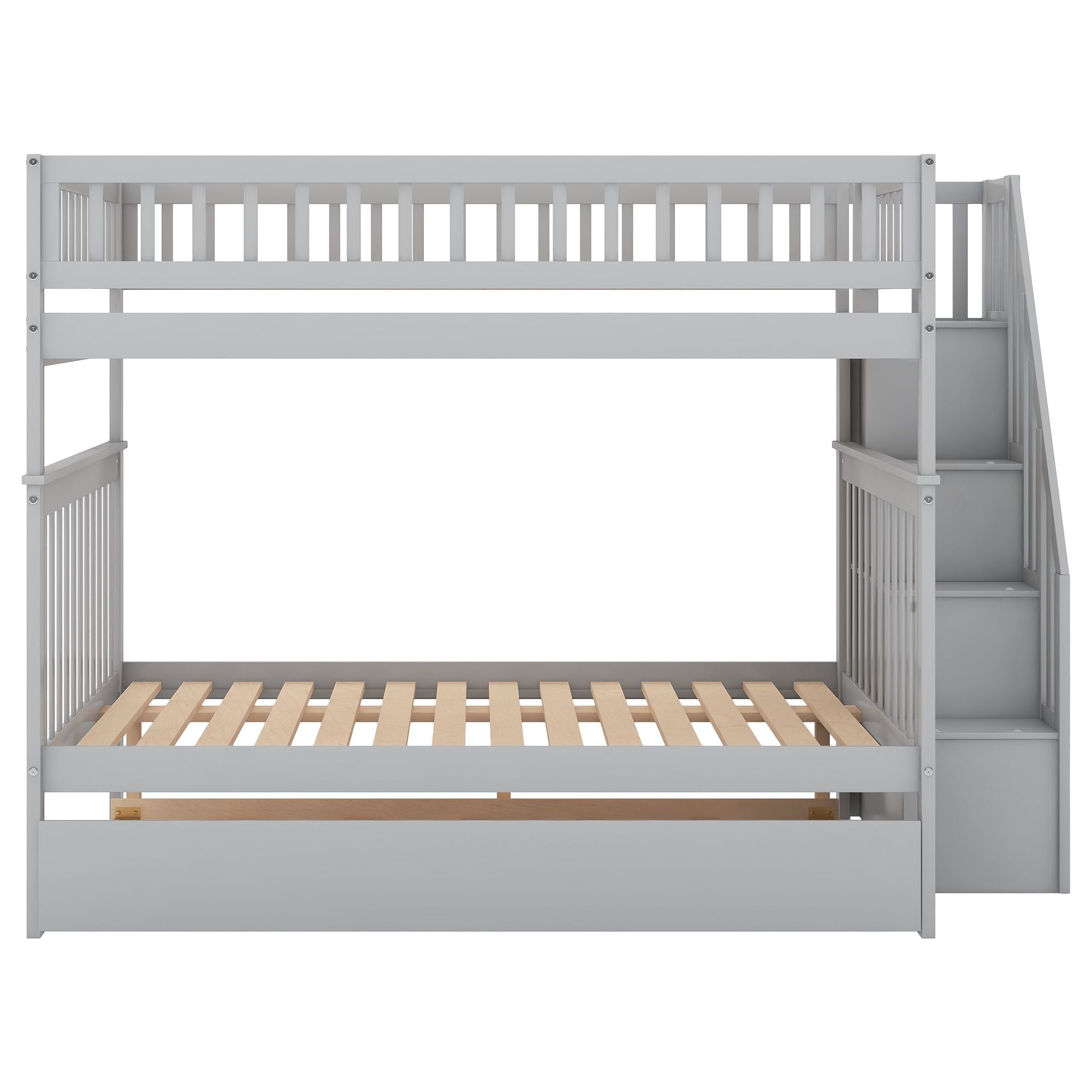 Space-Saving Full Over Full Wood Bunk Bed with Trundle, Staircase Storage, Gray or White | Just Better Bunk Beds