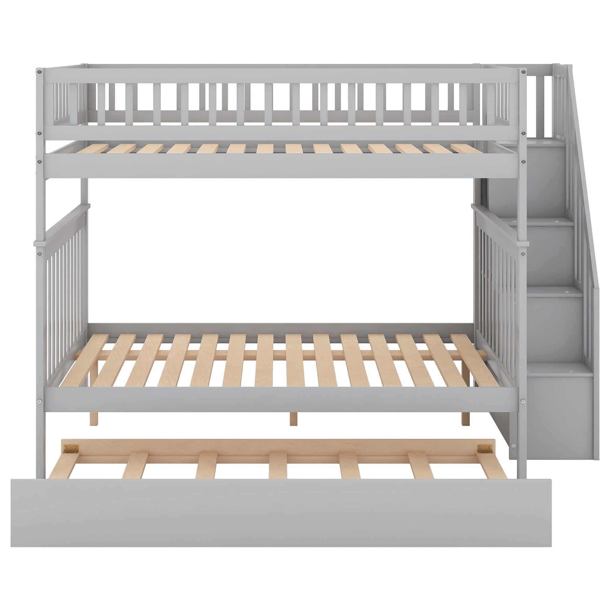Space-Saving Full Over Full Wood Bunk Bed with Trundle, Staircase Storage, Gray or White | Just Better Bunk Beds