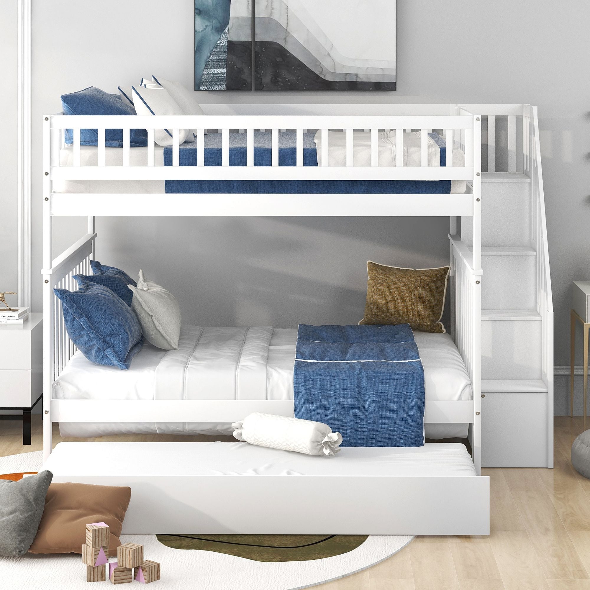 Space-Saving Full Over Full Wood Bunk Bed with Trundle, Staircase Storage, Gray or White | Just Better Bunk Beds