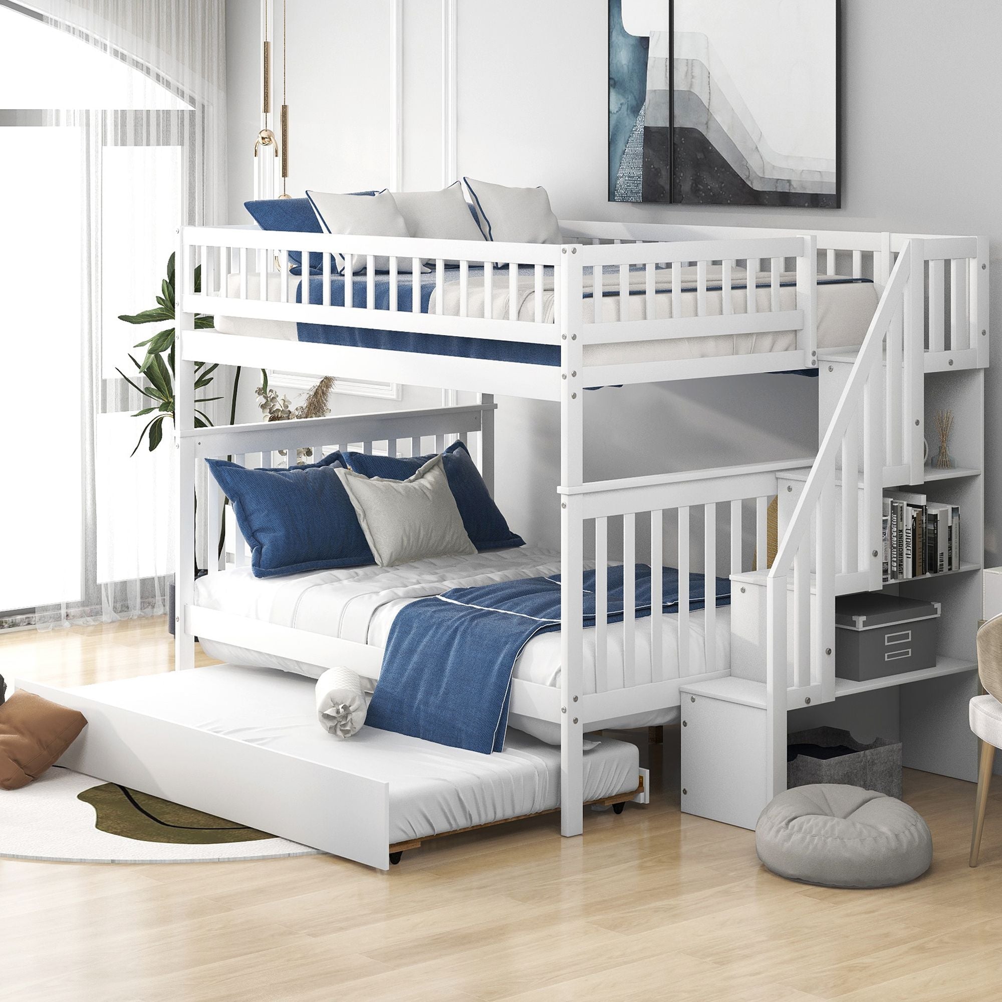 Space-Saving Full Over Full Wood Bunk Bed with Trundle, Staircase Storage, Gray or White | Just Better Bunk Beds