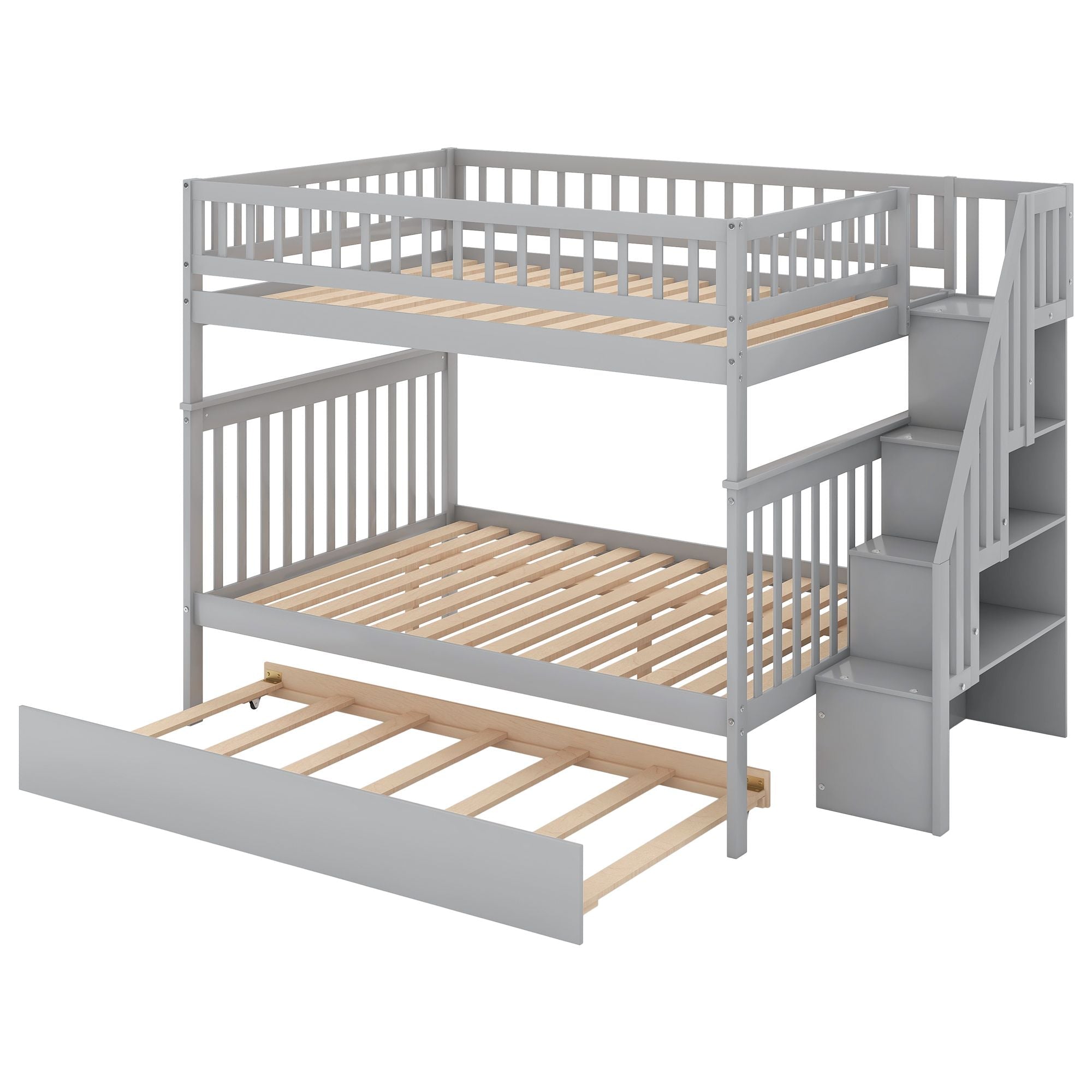 Space-Saving Full Over Full Wood Bunk Bed with Trundle, Staircase Storage, Gray or White | Just Better Bunk Beds