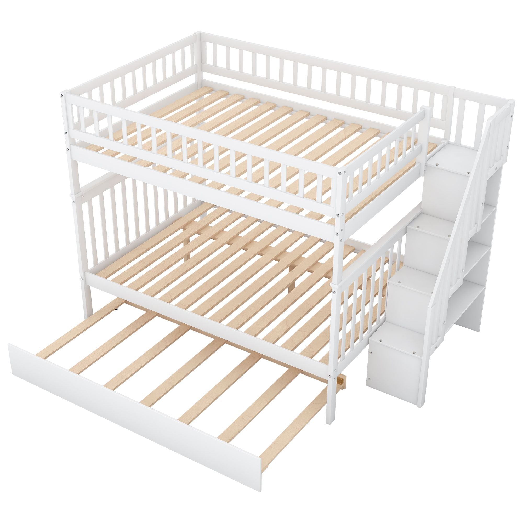 Space-Saving Full Over Full Wood Bunk Bed with Trundle, Staircase Storage, Gray or White | Just Better Bunk Beds