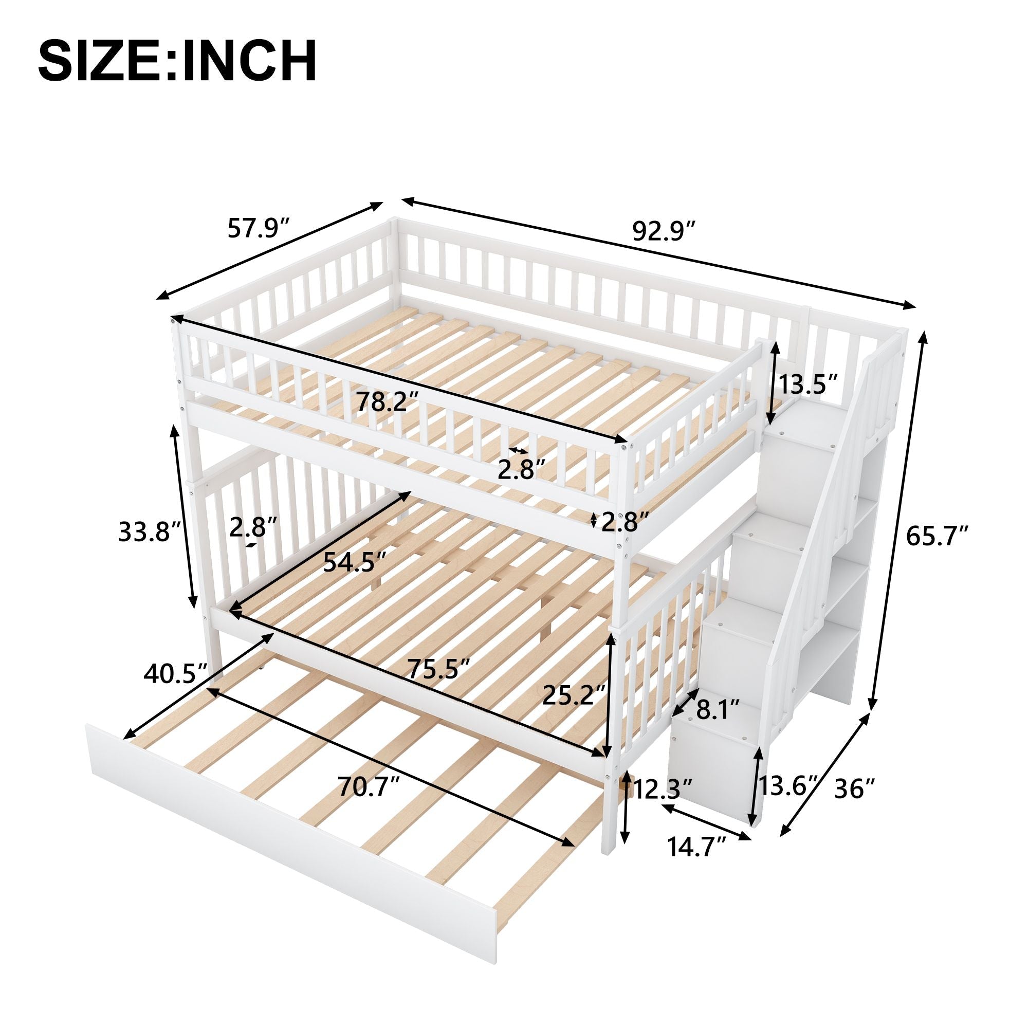 Space-Saving Full Over Full Wood Bunk Bed with Trundle, Staircase Storage, Gray or White | Just Better Bunk Beds