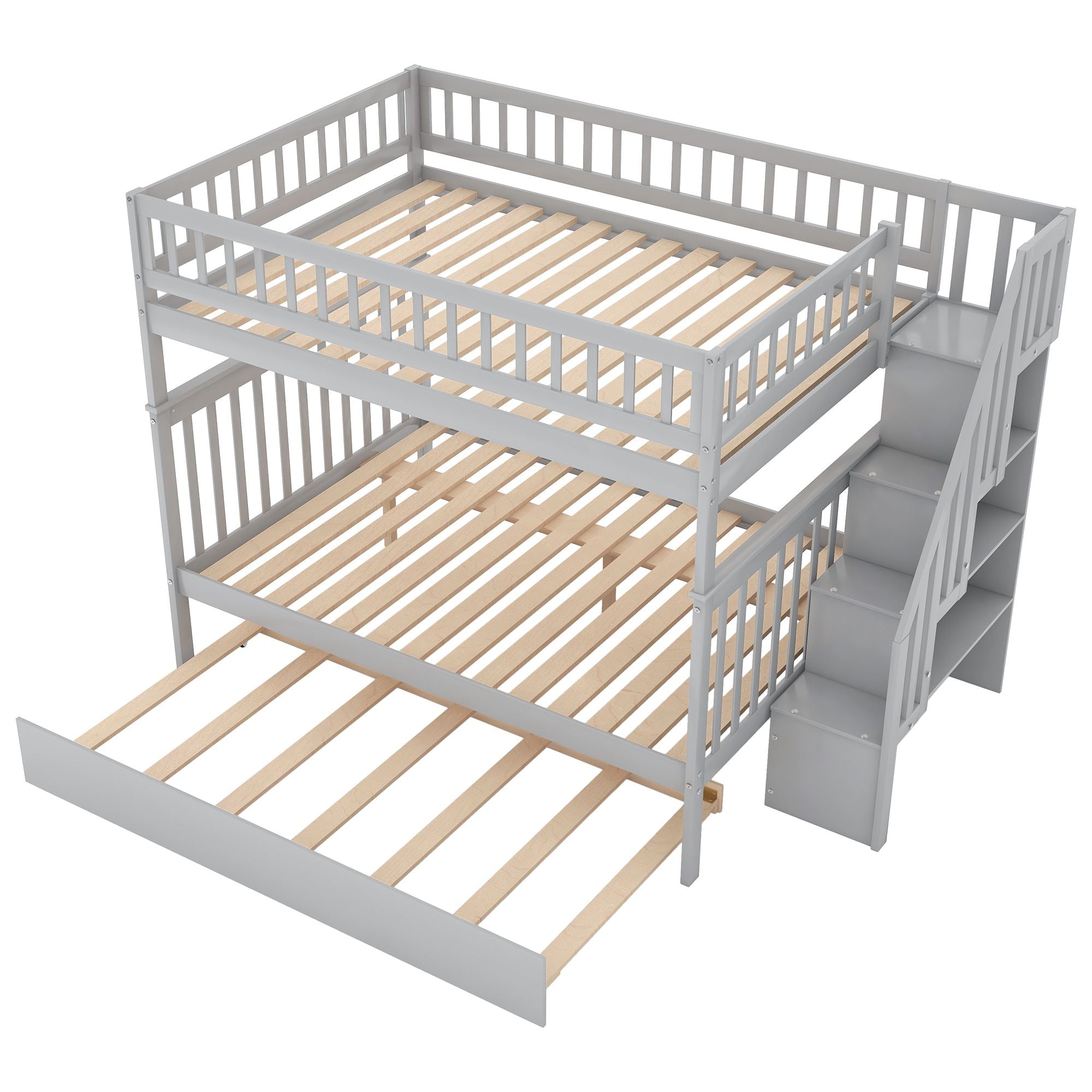 Space-Saving Full Over Full Wood Bunk Bed with Trundle, Staircase Storage, Gray or White | Just Better Bunk Beds