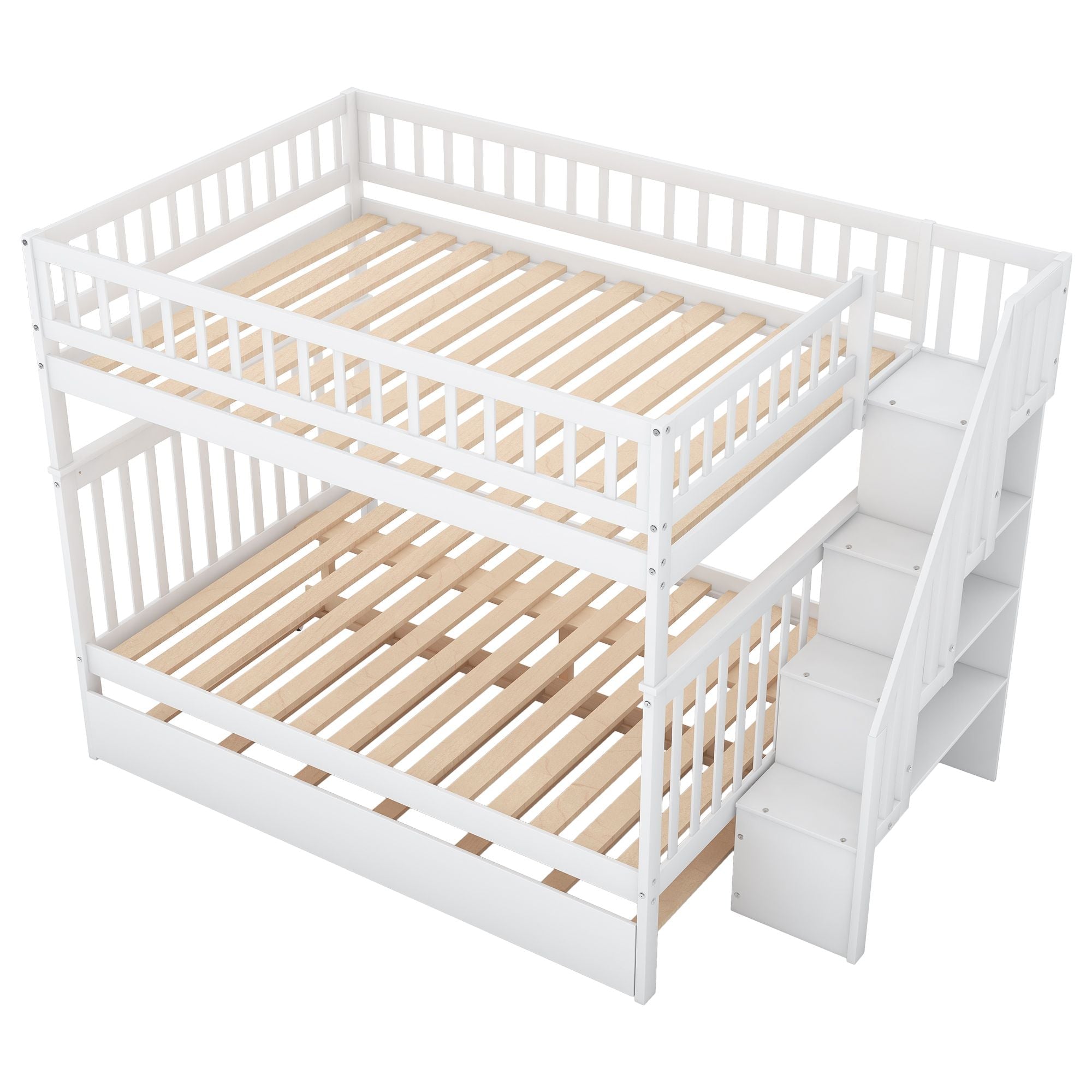 Space-Saving Full Over Full Wood Bunk Bed with Trundle, Staircase Storage, Gray or White | Just Better Bunk Beds