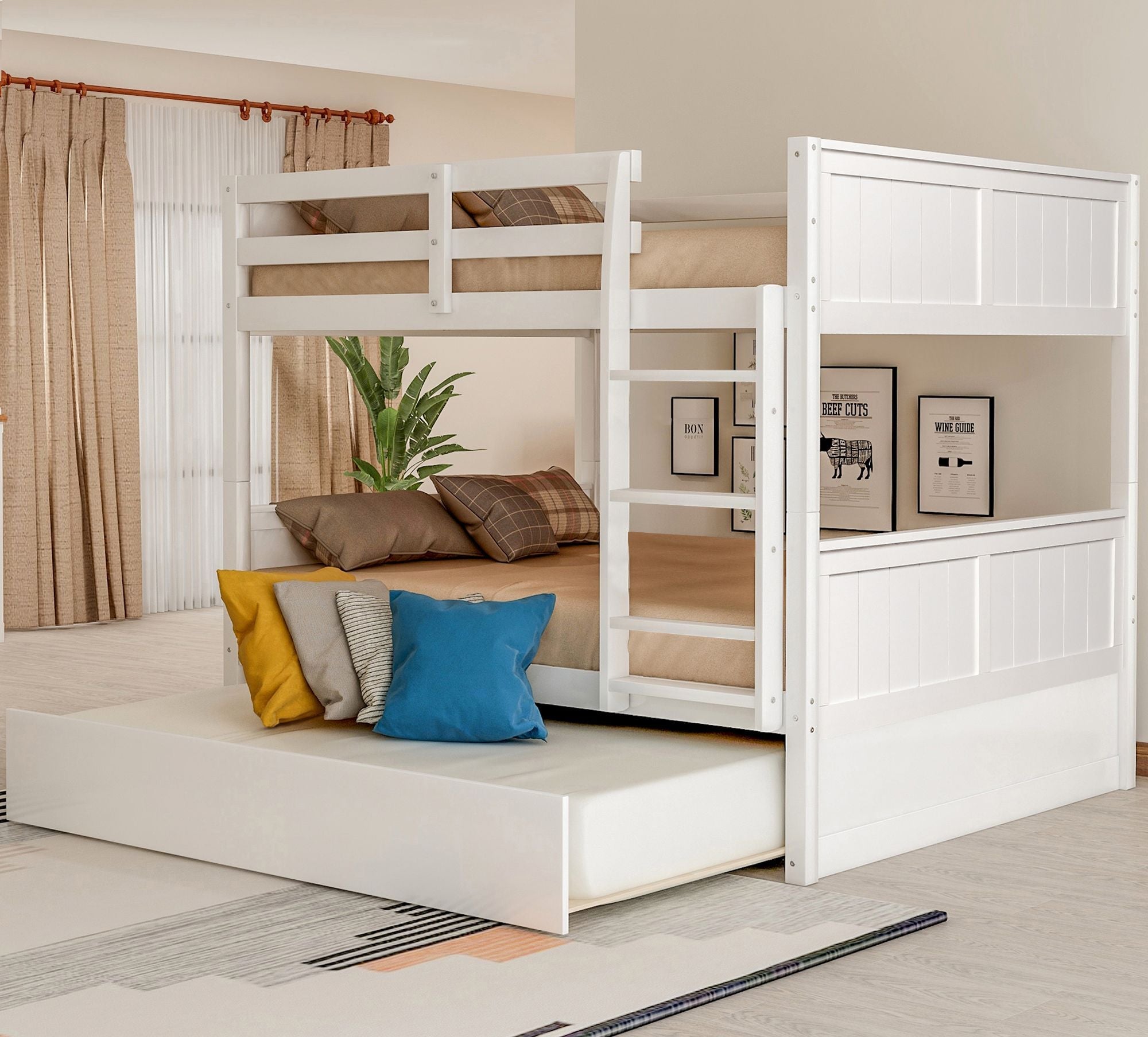 Space-Saving Full Over Full Wood Bunk Bed with Twin Trundle in Multiple Finishes | Just Better Bunk Beds