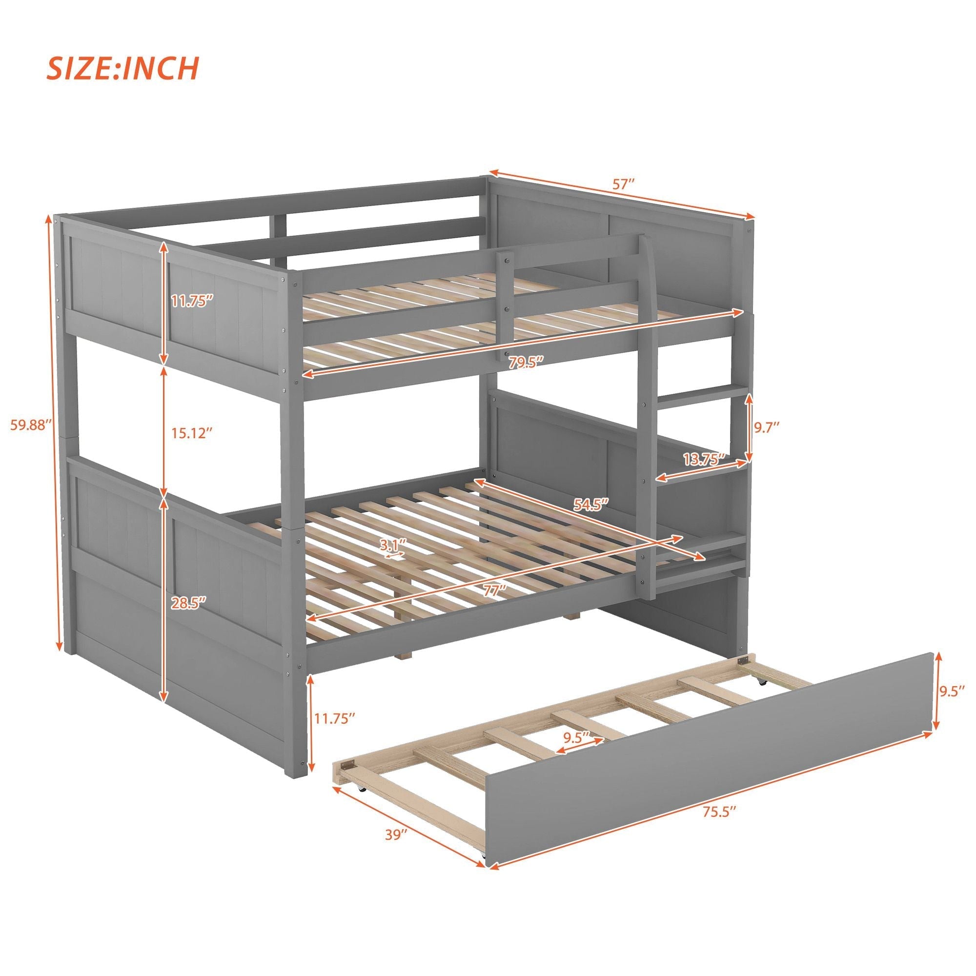 Space-Saving Full Over Full Wood Bunk Bed with Twin Trundle in Multiple Finishes | Just Better Bunk Beds