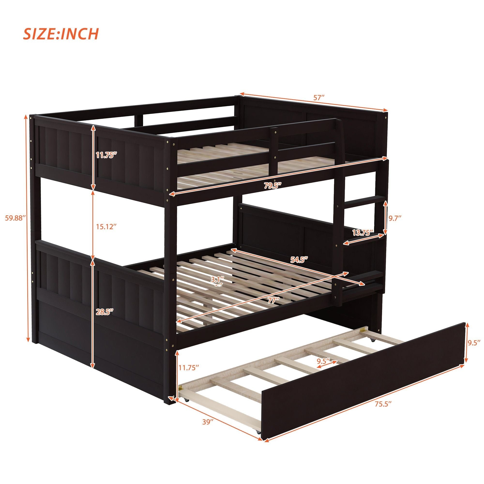 Space-Saving Full Over Full Wood Bunk Bed with Twin Trundle in Multiple Finishes | Just Better Bunk Beds