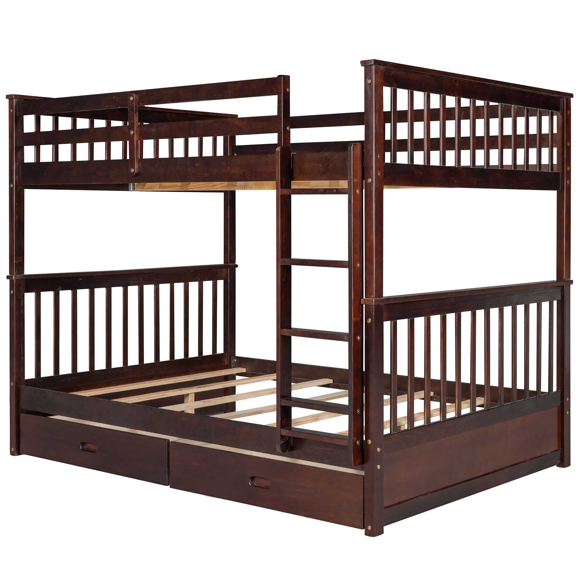 Space-Saving Full Over Full Wood Bunk Bed with Two Storage Drawers and Ladders in Multiple Finishes | Just Better Bunk Beds