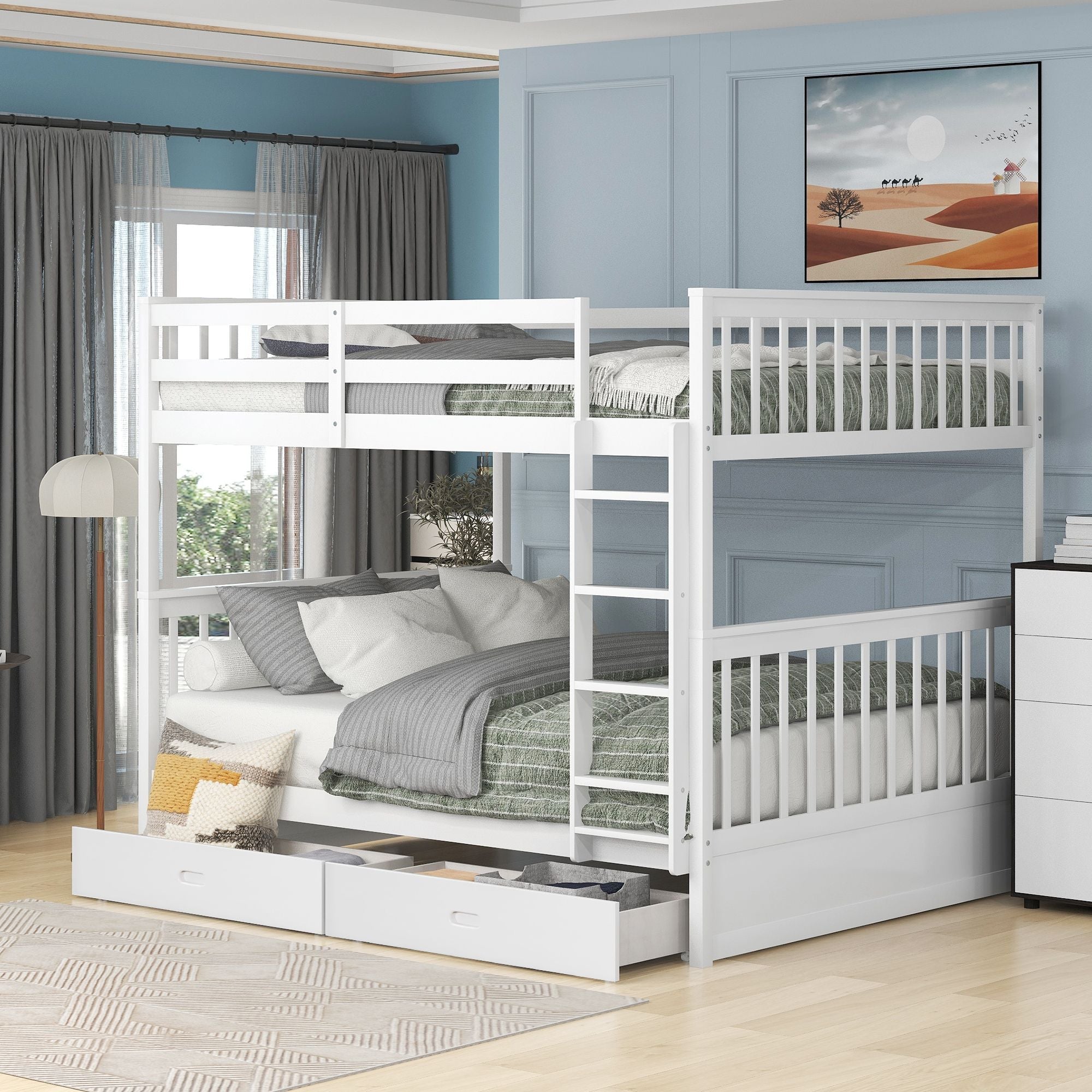 Space-Saving Full Over Full Wood Bunk Bed with Two Storage Drawers and Ladders in Multiple Finishes | Just Better Bunk Beds