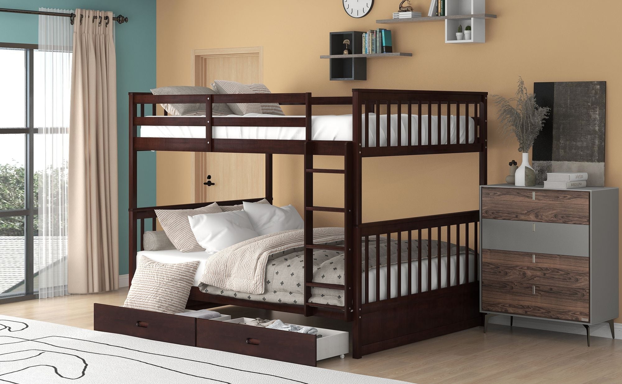 Space-Saving Full Over Full Wood Bunk Bed with Two Storage Drawers and Ladders in Multiple Finishes | Just Better Bunk Beds