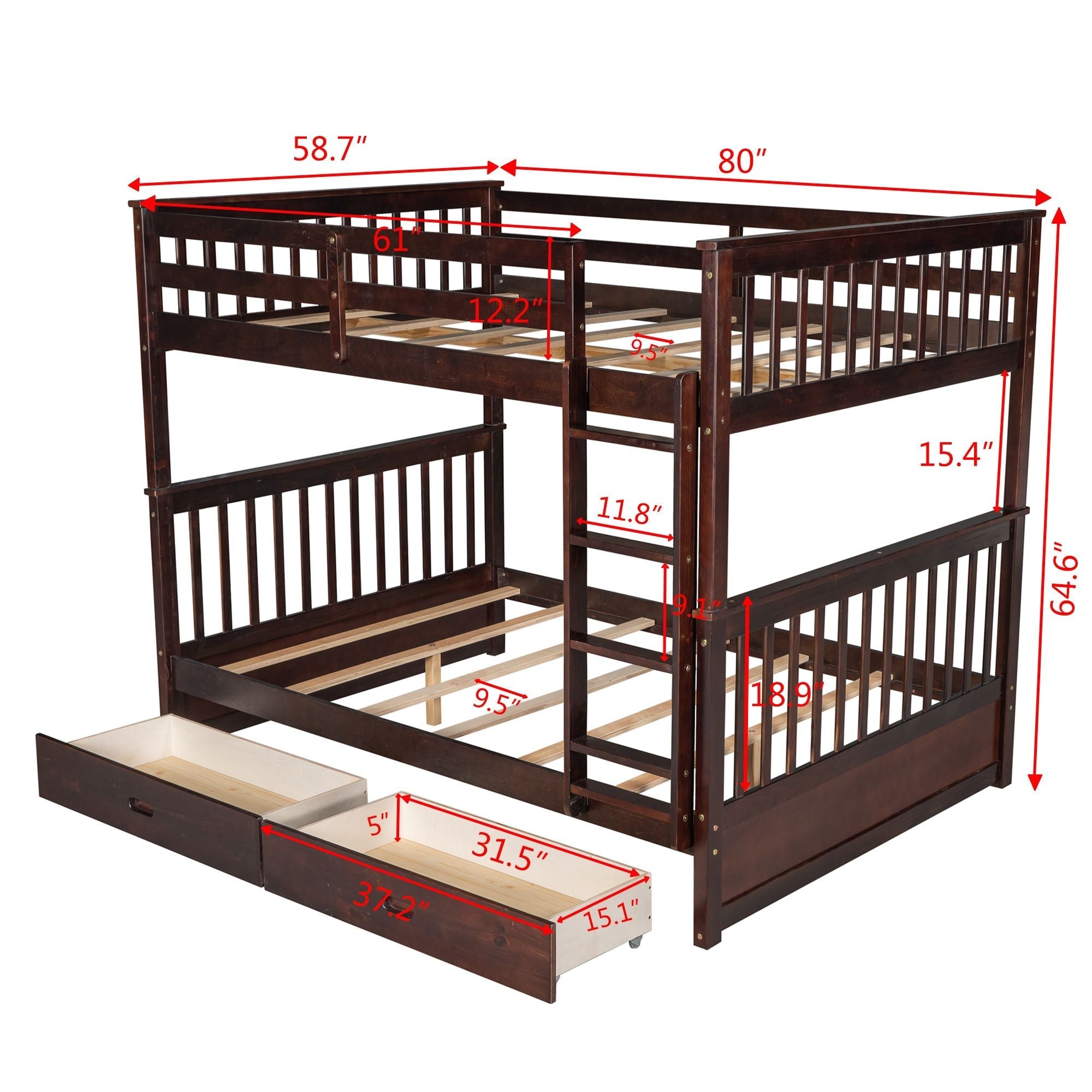 Space-Saving Full Over Full Wood Bunk Bed with Two Storage Drawers and Ladders in Multiple Finishes | Just Better Bunk Beds