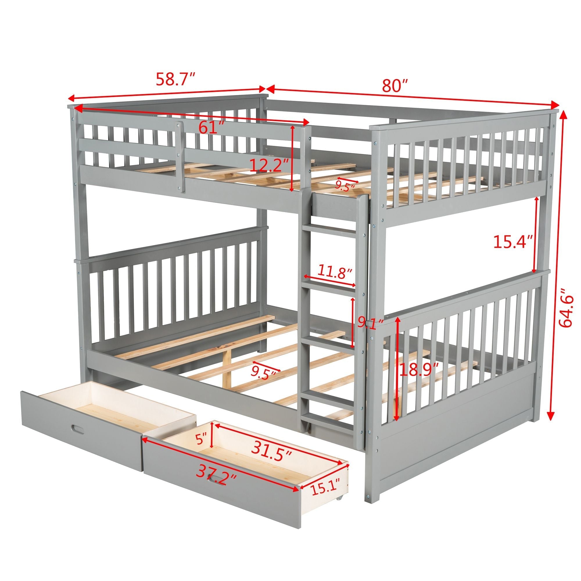 Space-Saving Full Over Full Wood Bunk Bed with Two Storage Drawers and Ladders in Multiple Finishes | Just Better Bunk Beds